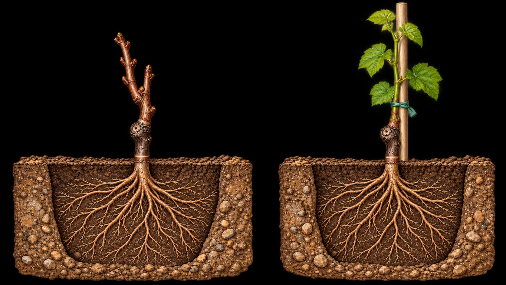 Two stages of establishing a grapevine: a dormant bare-root nursery vine planted with roots spread below the soil, followed by a leafy young vine supported by a stake.