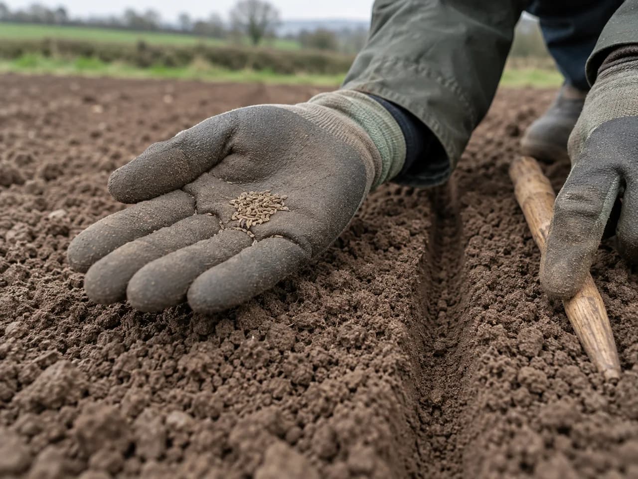 Illustration of carrot seed placed in a field drill.