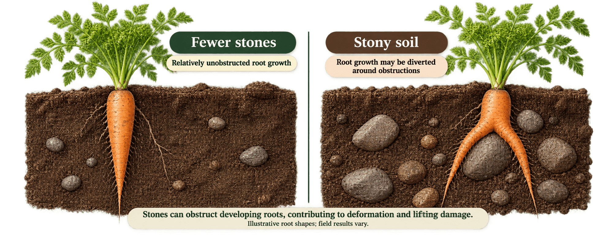 Illustrated comparison of a carrot root growing through fewer stones and a root diverted around stones in the soil.