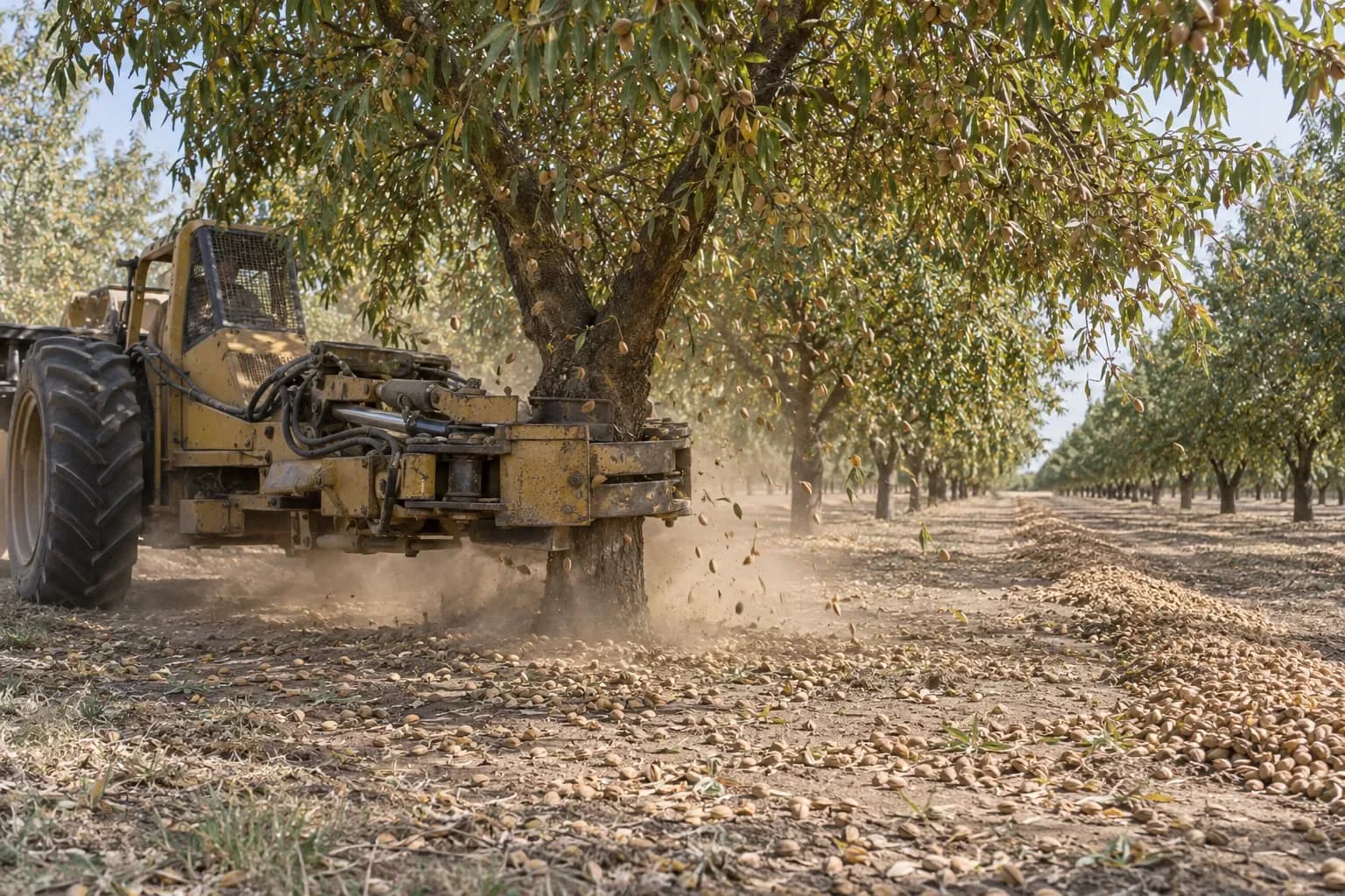 A tractor-mounted trunk shaker gripping an almond tree with nuts falling and dust, with windrows of nuts in the row middle