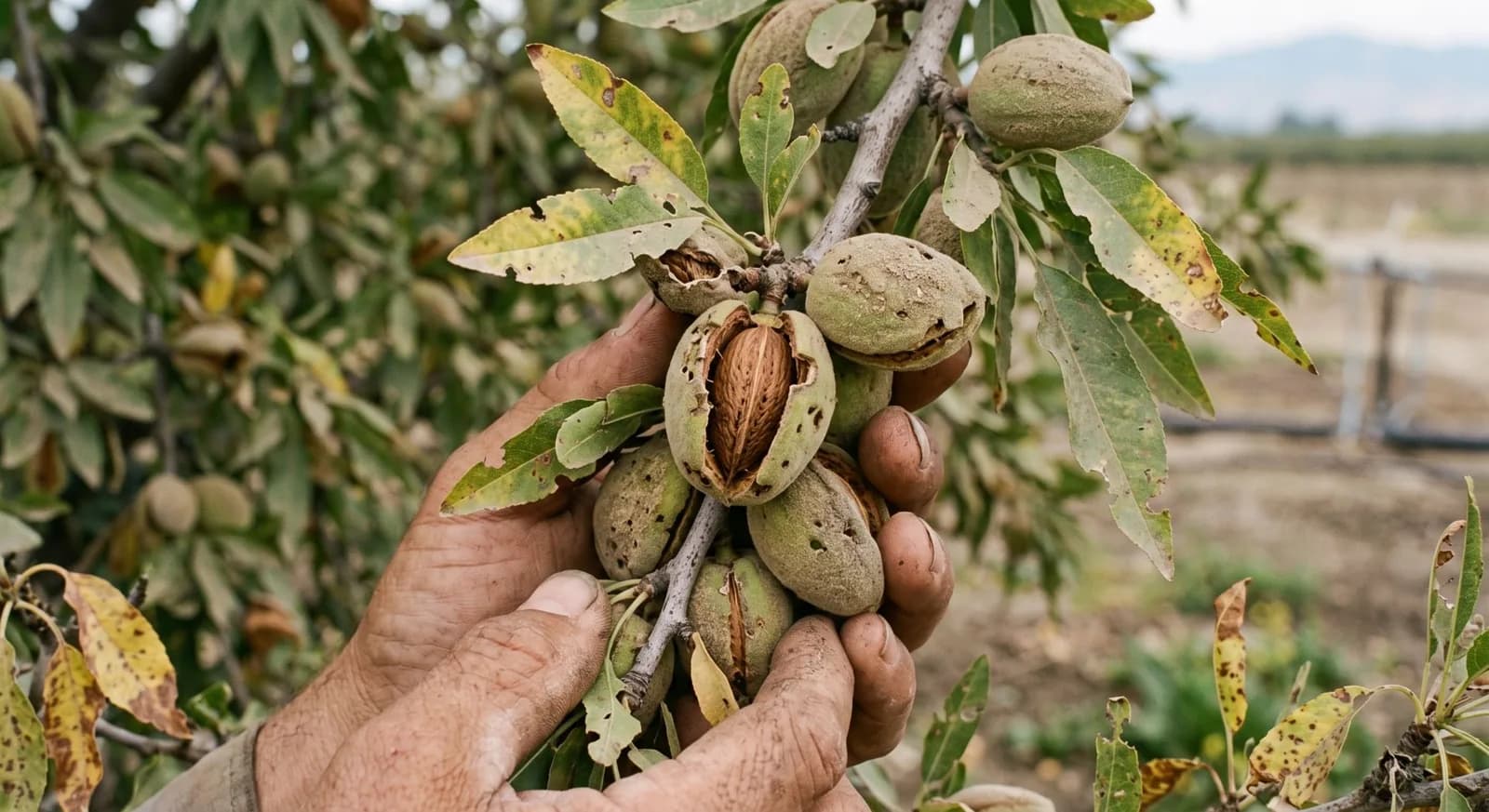 Hands holding an almond branch with hulls splitting open to show the shell inside, with some yellowed and spotted leaves