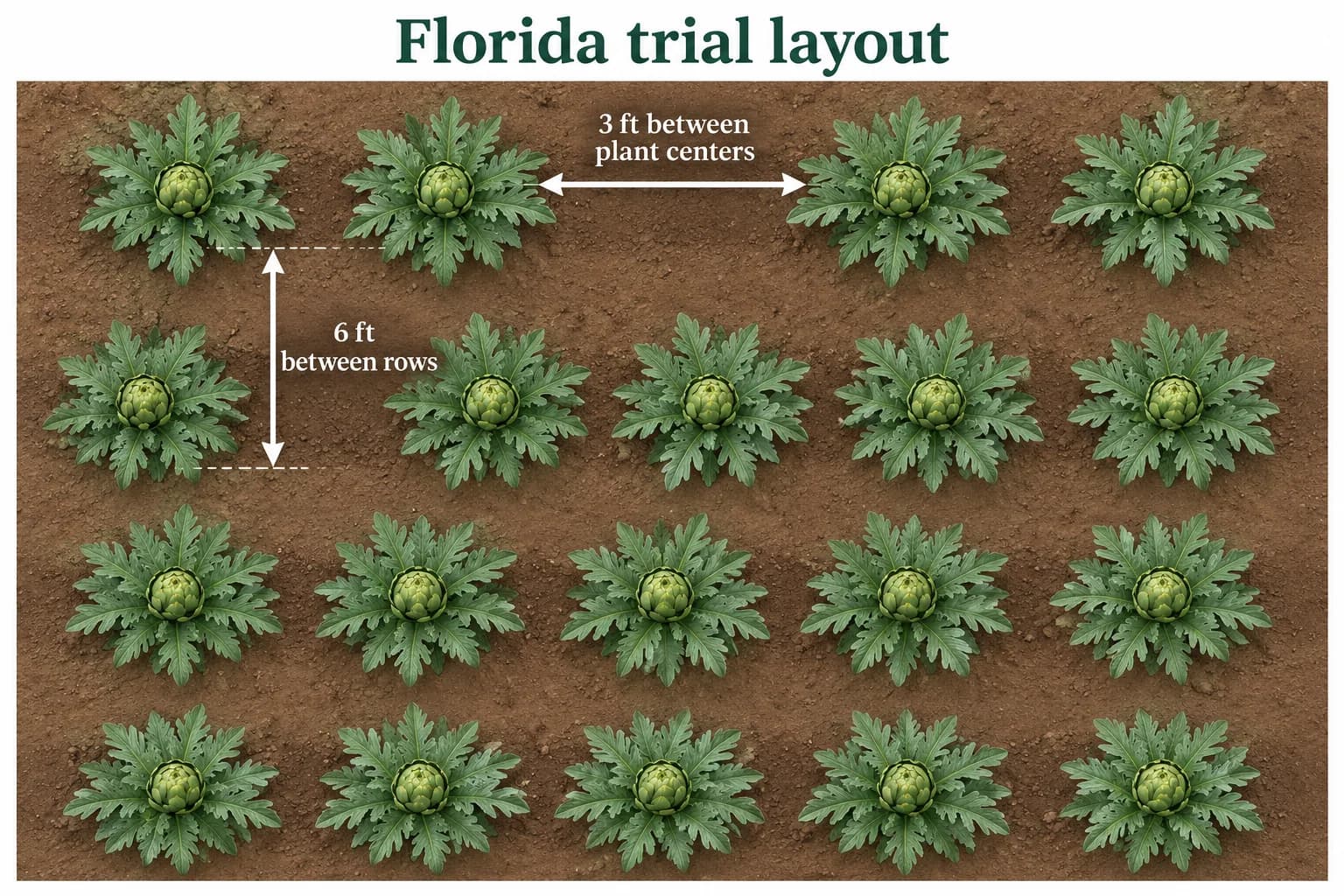 Top-view artichoke layout showing 6 feet between rows and 3 feet between plant centers