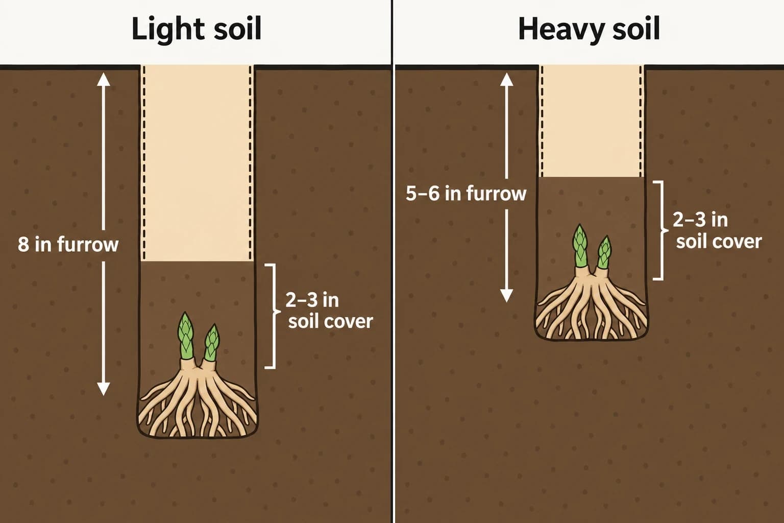Cross-section diagram of an asparagus crown set at the bottom of a furrow: 20 cm (8 inches) deep in light soil and 12.5–15 cm (5–6 inches) deep in heavy soil, with 5–7.5 cm (2–3 inches) of soil cover over the crown