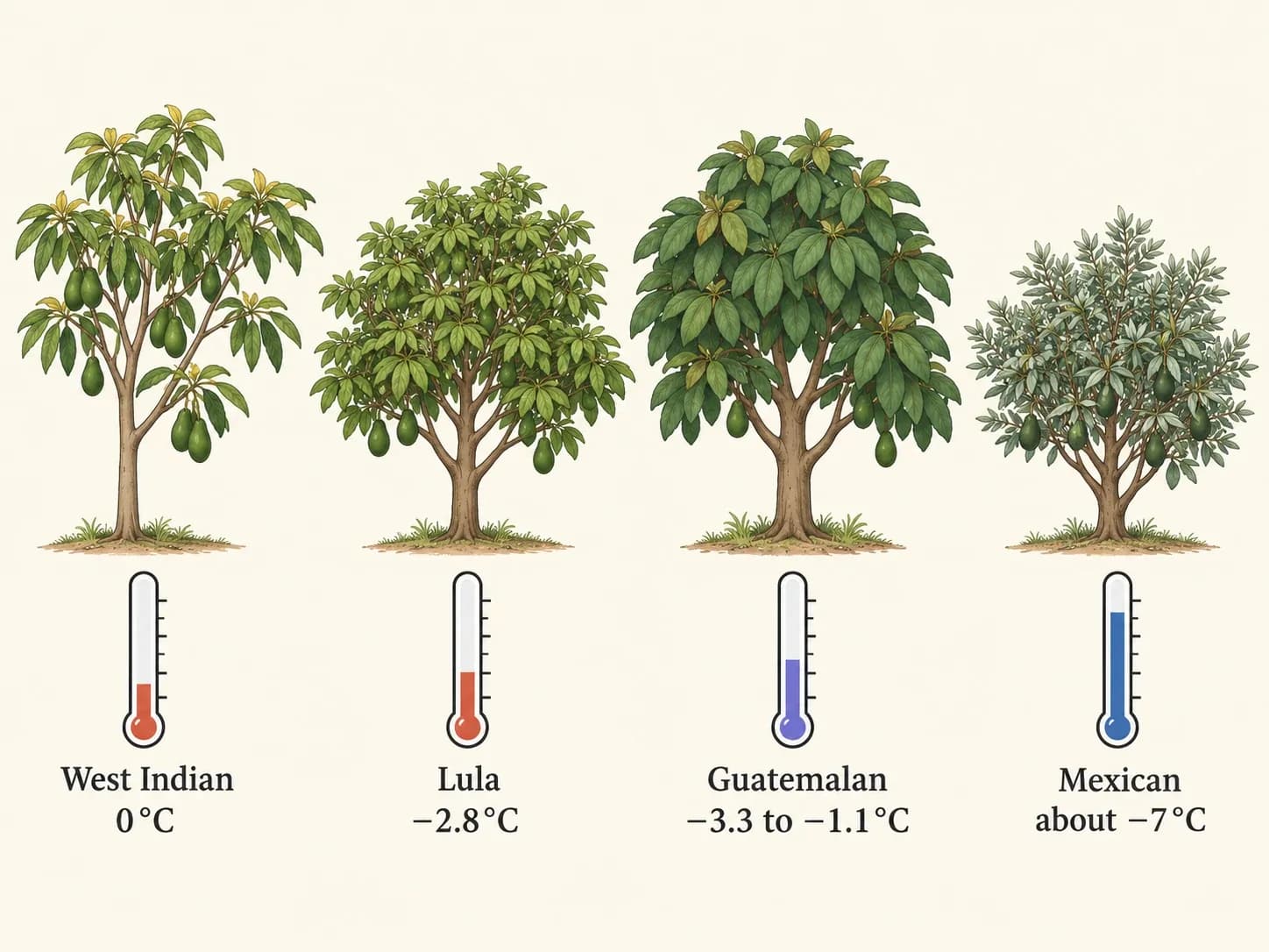 Illustration of four avocado trees with thermometers showing cold tolerance: West Indian 0 degrees C, Lula minus 2.8, Guatemalan minus 3.3 to minus 1.1, Mexican about minus 7