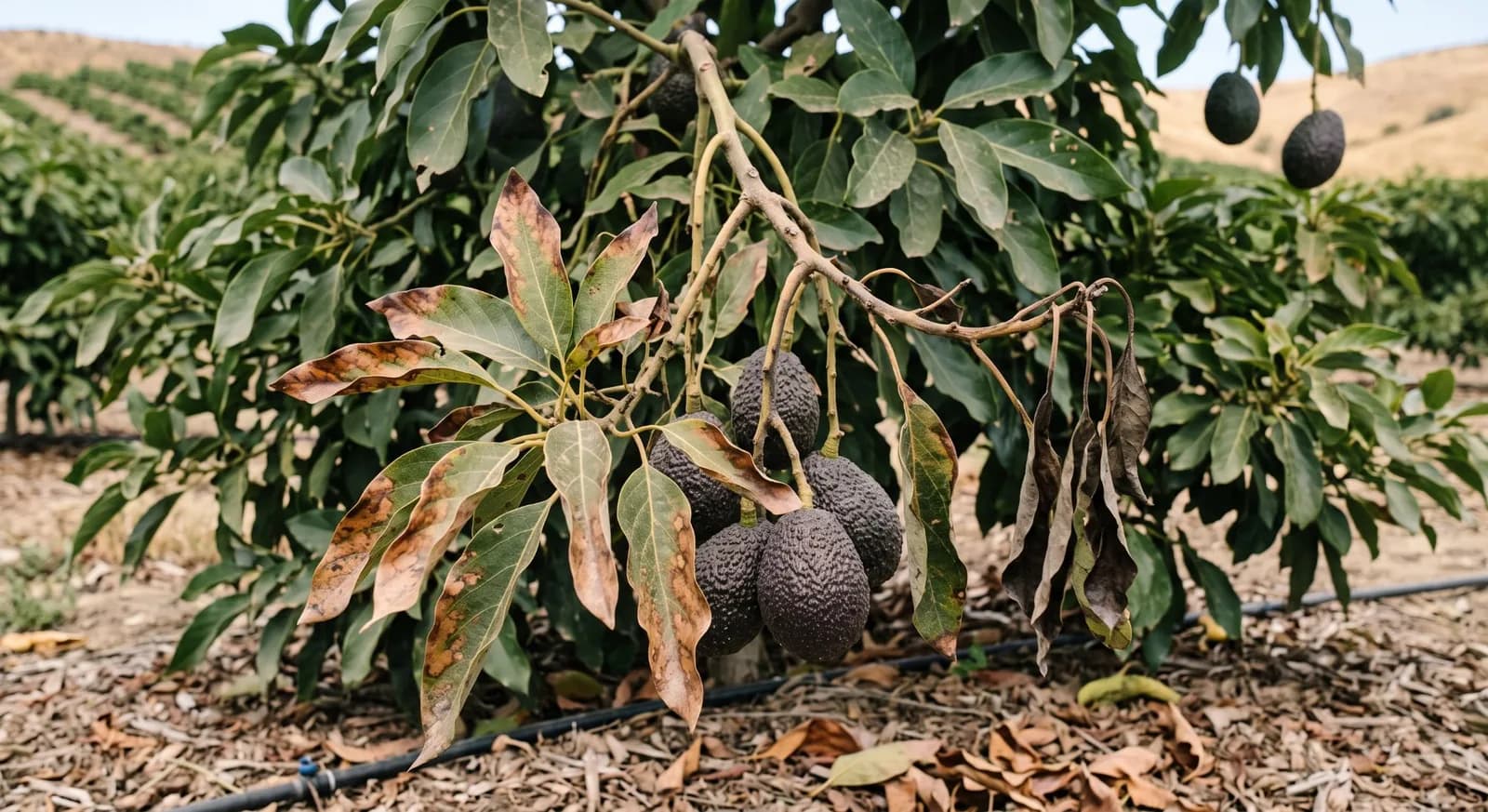 An avocado branch with brown, scorched leaves and dieback beside healthy Hass fruit on a mulched orchard floor with a drip line