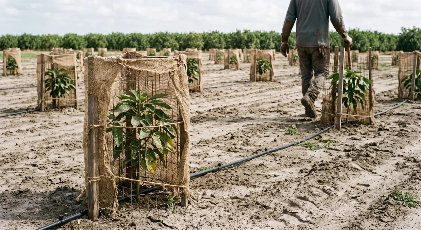 A young avocado tree inside a burlap-wrapped wire cage on sandy soil with drip tubing and a worker walking past other caged trees