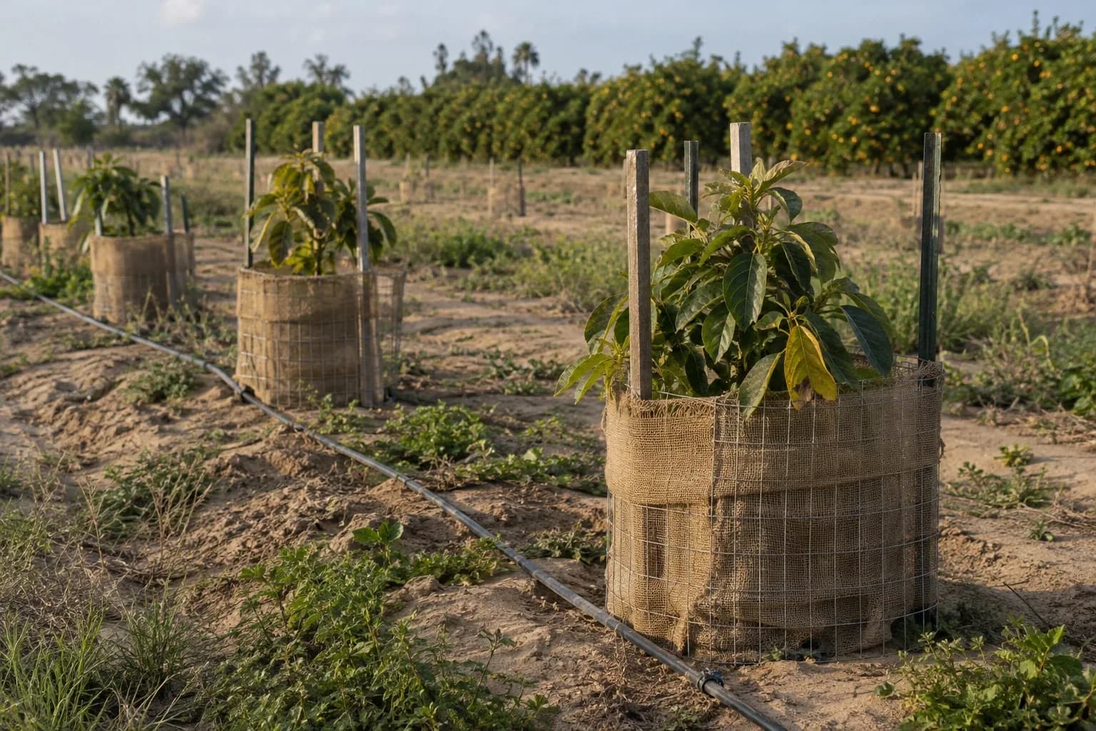 Young avocado trees in burlap-covered wire cages tied to stakes along a drip line on sandy soil, with a citrus orchard behind
