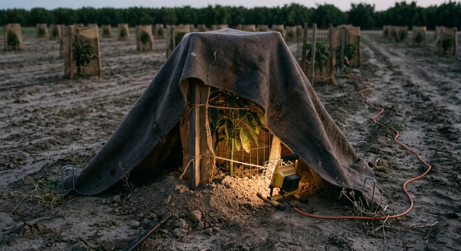 A caged young avocado tree draped with a blanket pegged at the corners with a work light and a mound of soil at its base at dusk