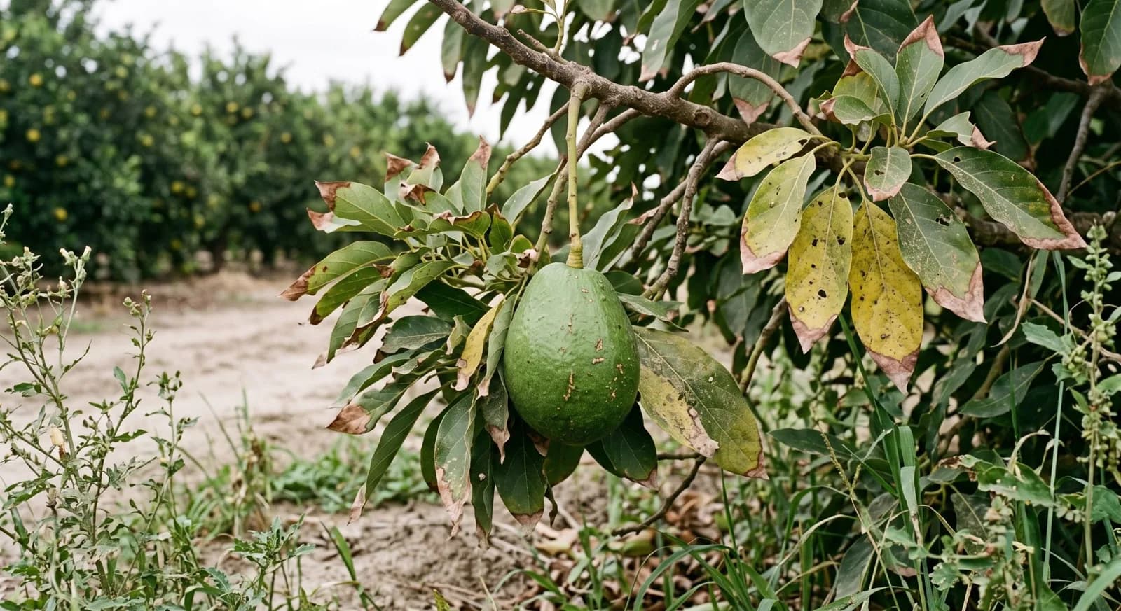 An avocado fruit hanging on a branch with browned leaf tips and margins and yellowing leaves