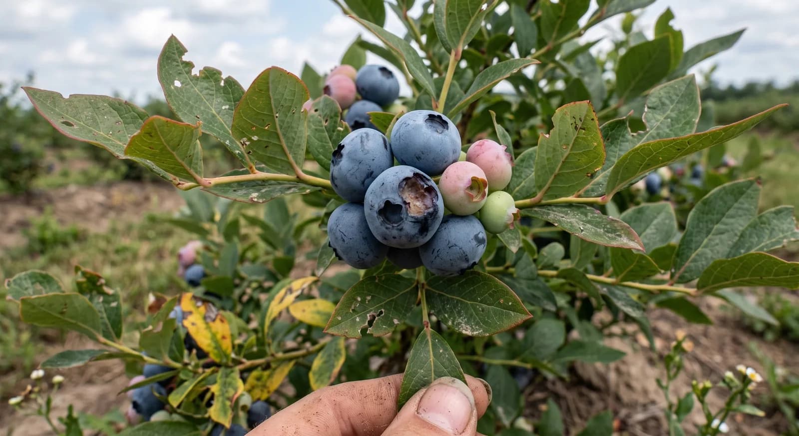 A hand holding a cluster of ripe, pink and green blueberries, one of them damaged, on a leafy branch