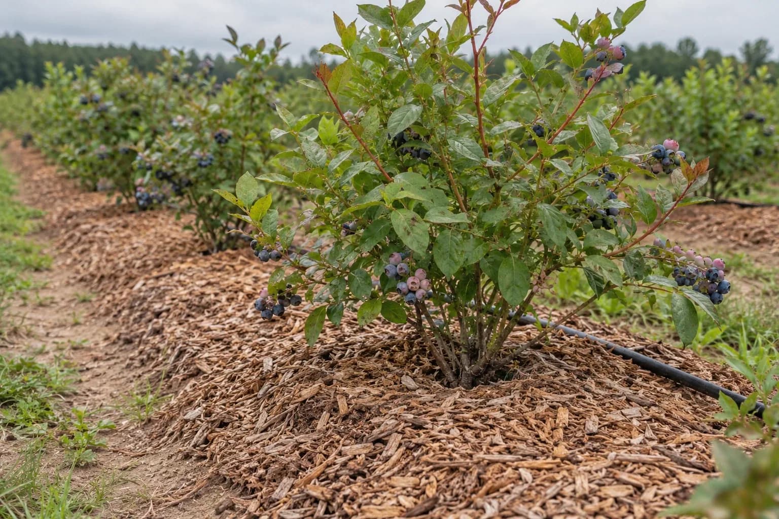 A mature blueberry bush in a row with ripening berries, deep bark mulch around the base and a drip line running beside it