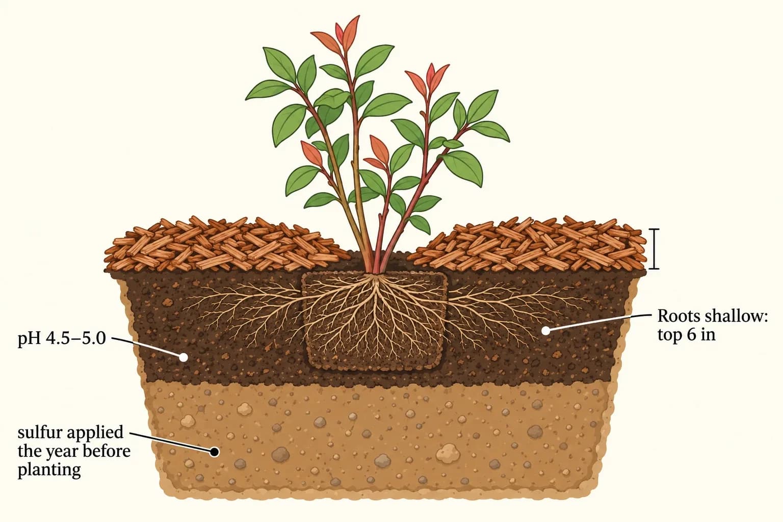 Cross-section of a blueberry plant in acid, high-organic-matter soil at pH 4.5 to 5.0 under a mulch layer, with roots in the top 6 inches and sulfur applied the year before planting