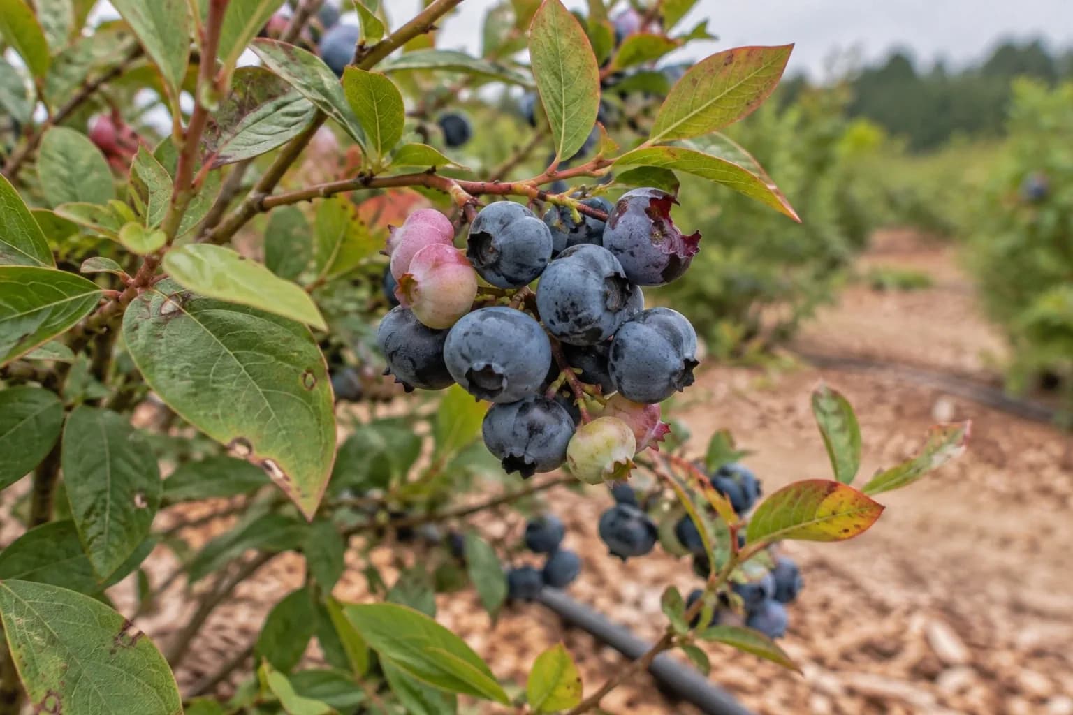 A cluster of ripe blue and pink blueberries on a branch in a mulched row with a drip line
