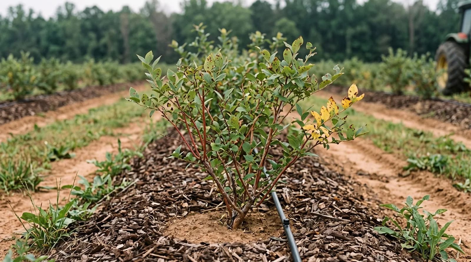 A young blueberry bush with red canes set in a ring of bark mulch with a clear gap around the stem and a drip line beside it