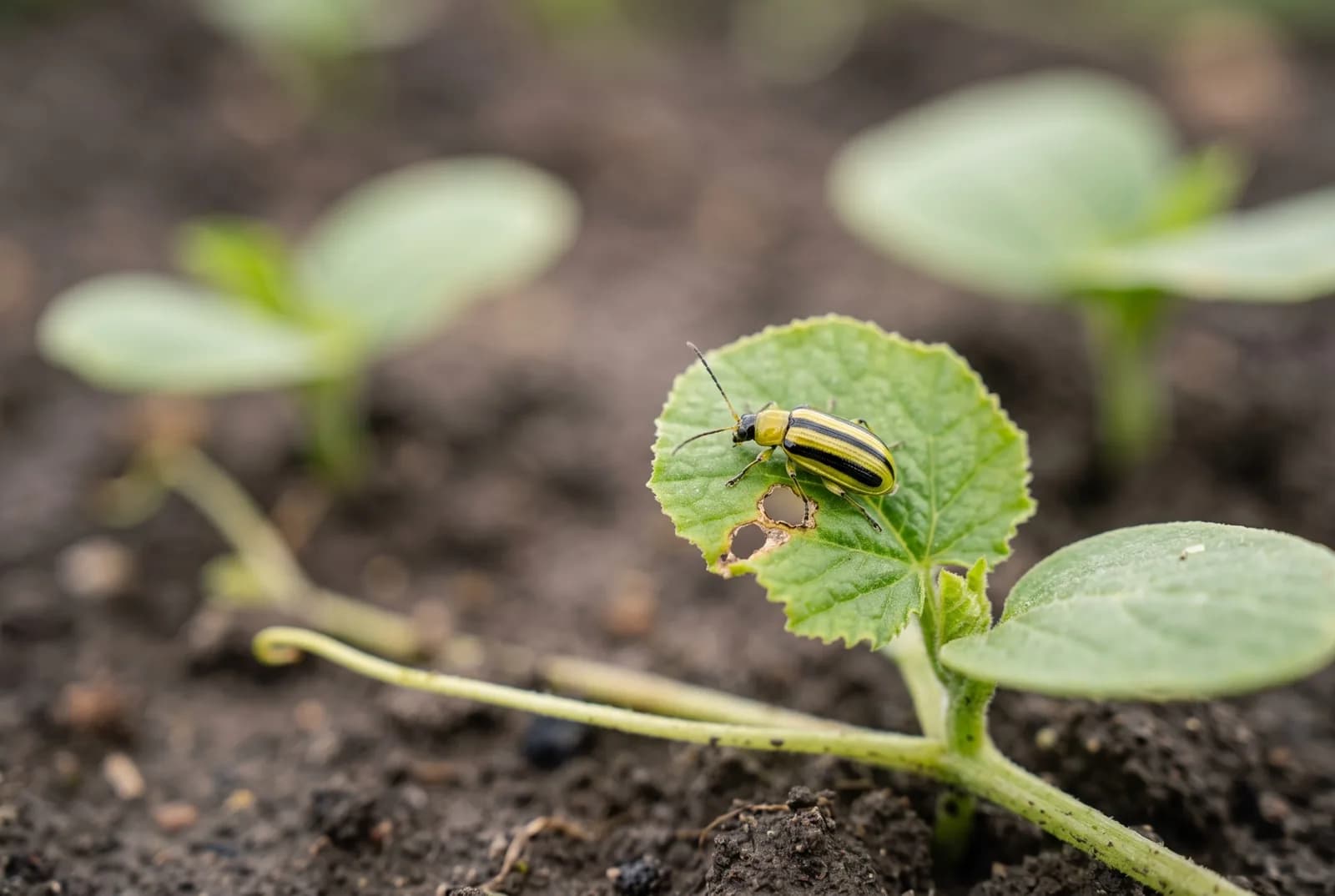 A striped cucumber beetle on a young cucumber seedling leaf with chewed holes along its edge