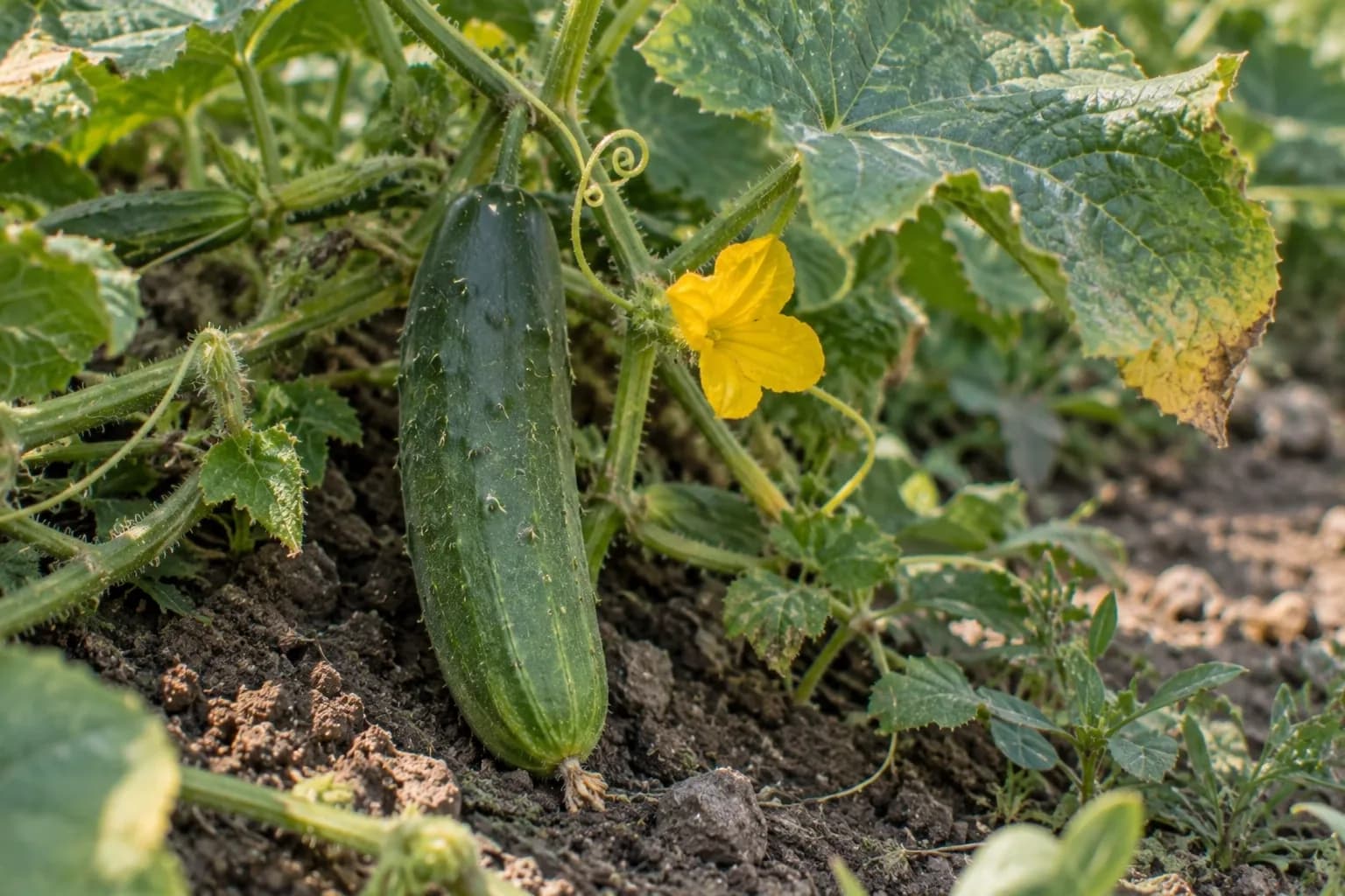 A dark green field cucumber hanging from its vine beside a yellow cucumber flower, with soil and weeds below