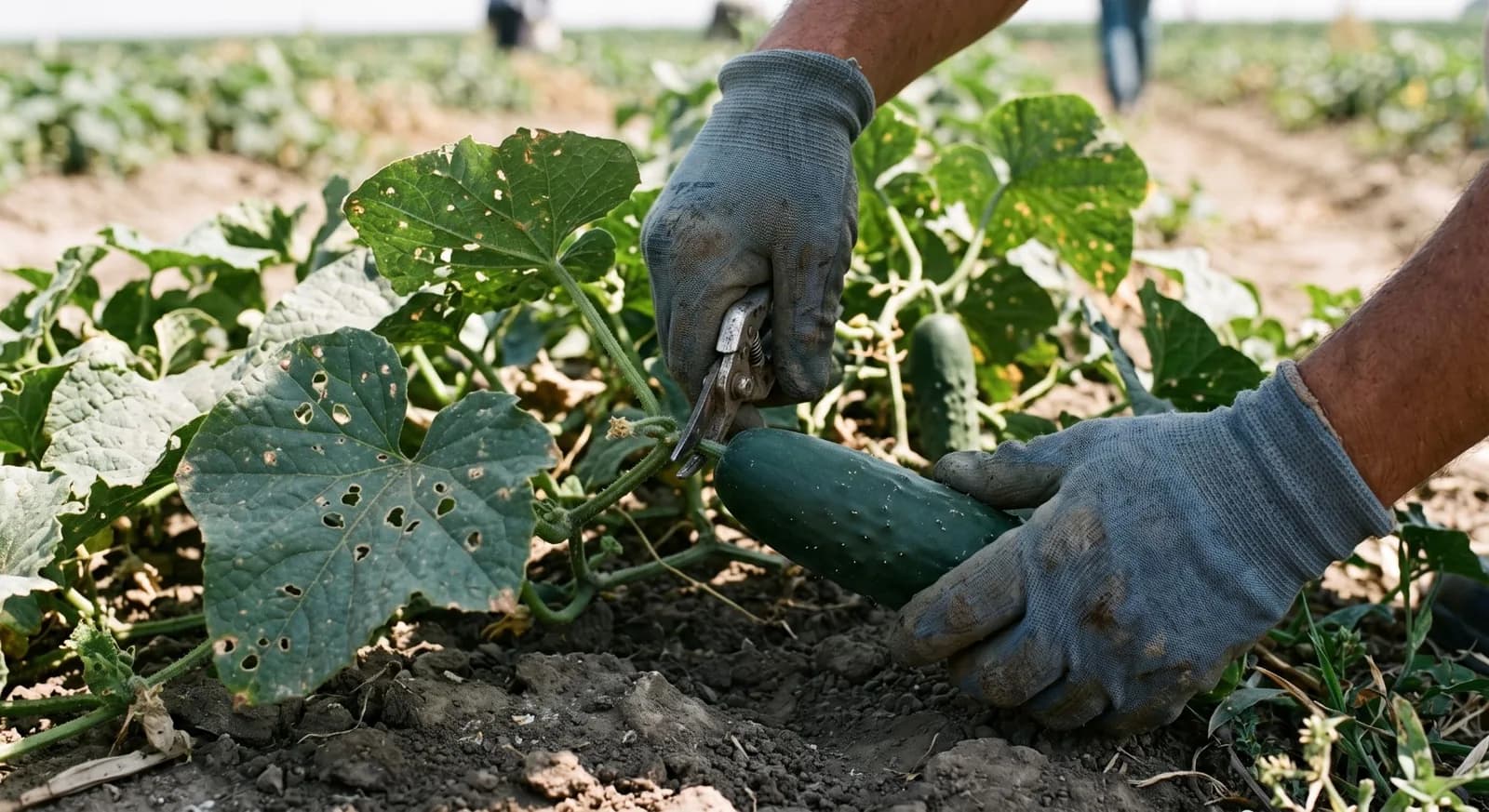 Gloved hands cutting the stem of a ripe cucumber with pruning shears among leaves with beetle damage