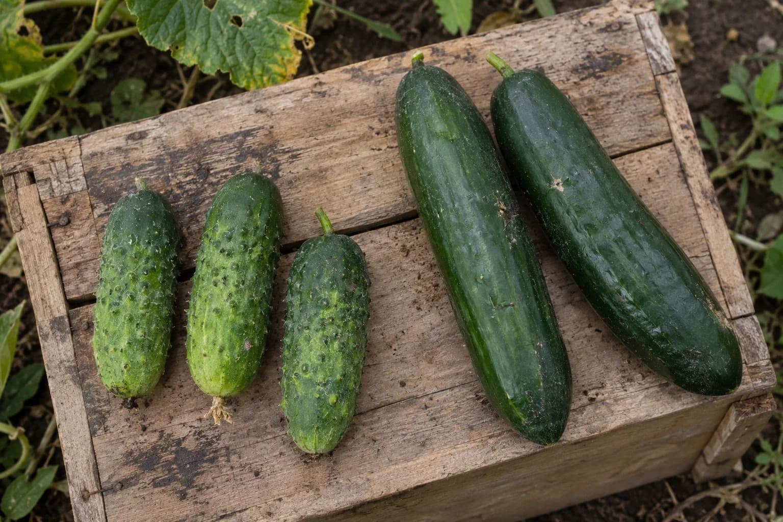 Three short bumpy pickling cucumbers beside two long smooth dark green slicing cucumbers on a wooden crate