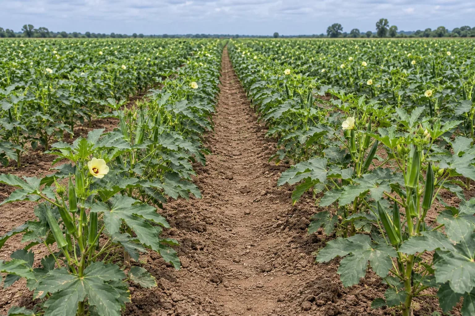 Two rows of okra plants in flower with a bare soil path between them