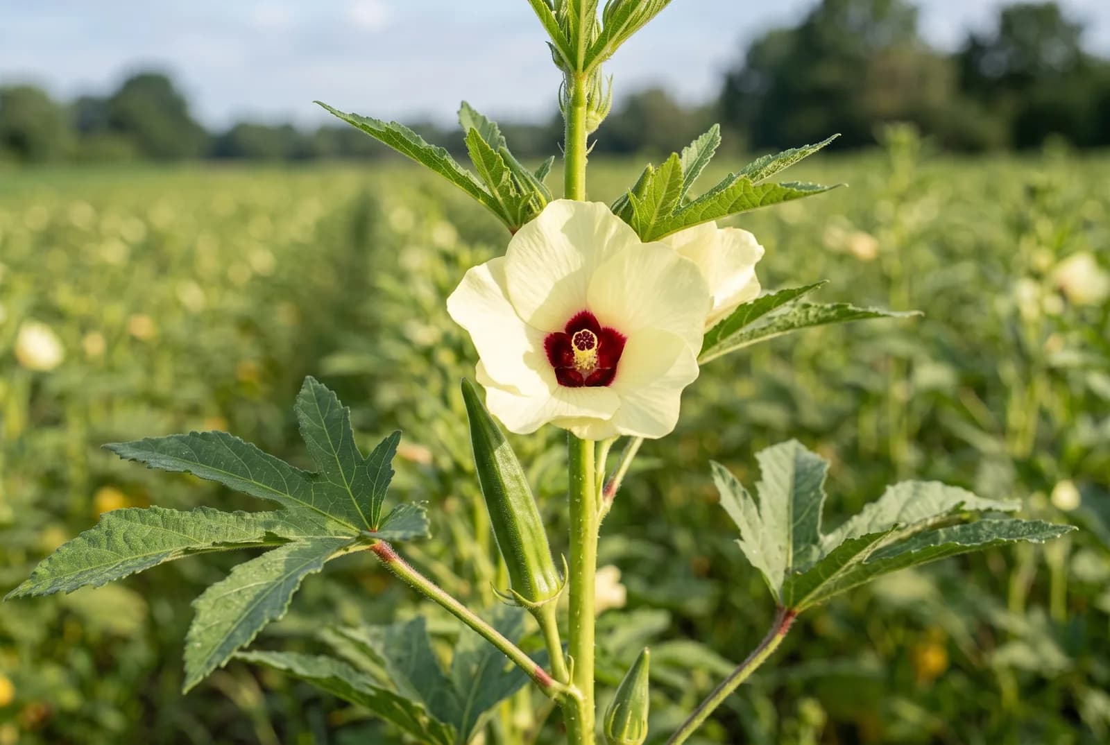 An okra plant with a large pale-yellow hibiscus-like flower with a dark red centre and a young green pod below it
