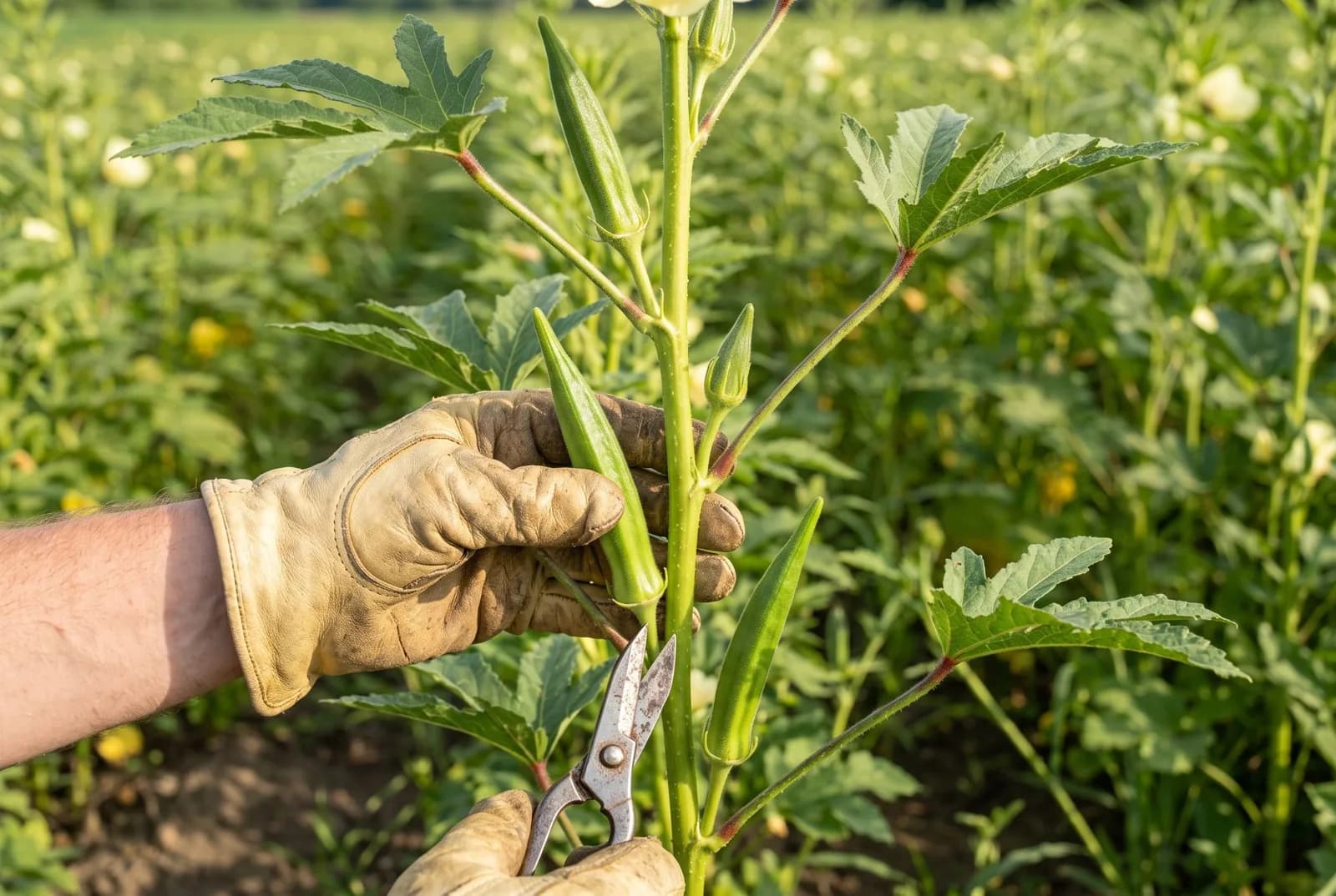 Gloved hands holding a young green okra pod on the plant while cutting its stem with pruning shears