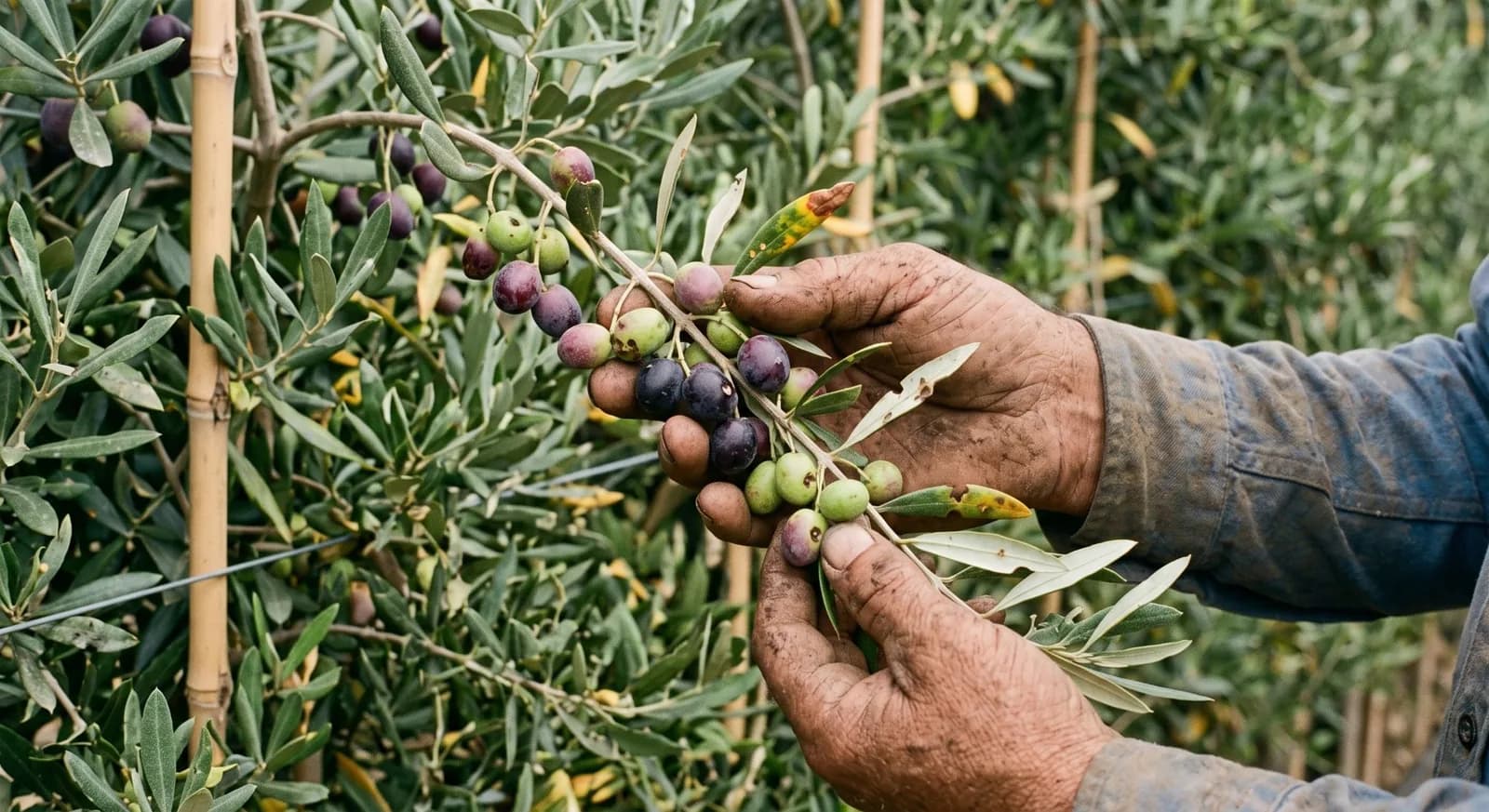 Olive fruit in green, purple and dark stages of ripening on a branch