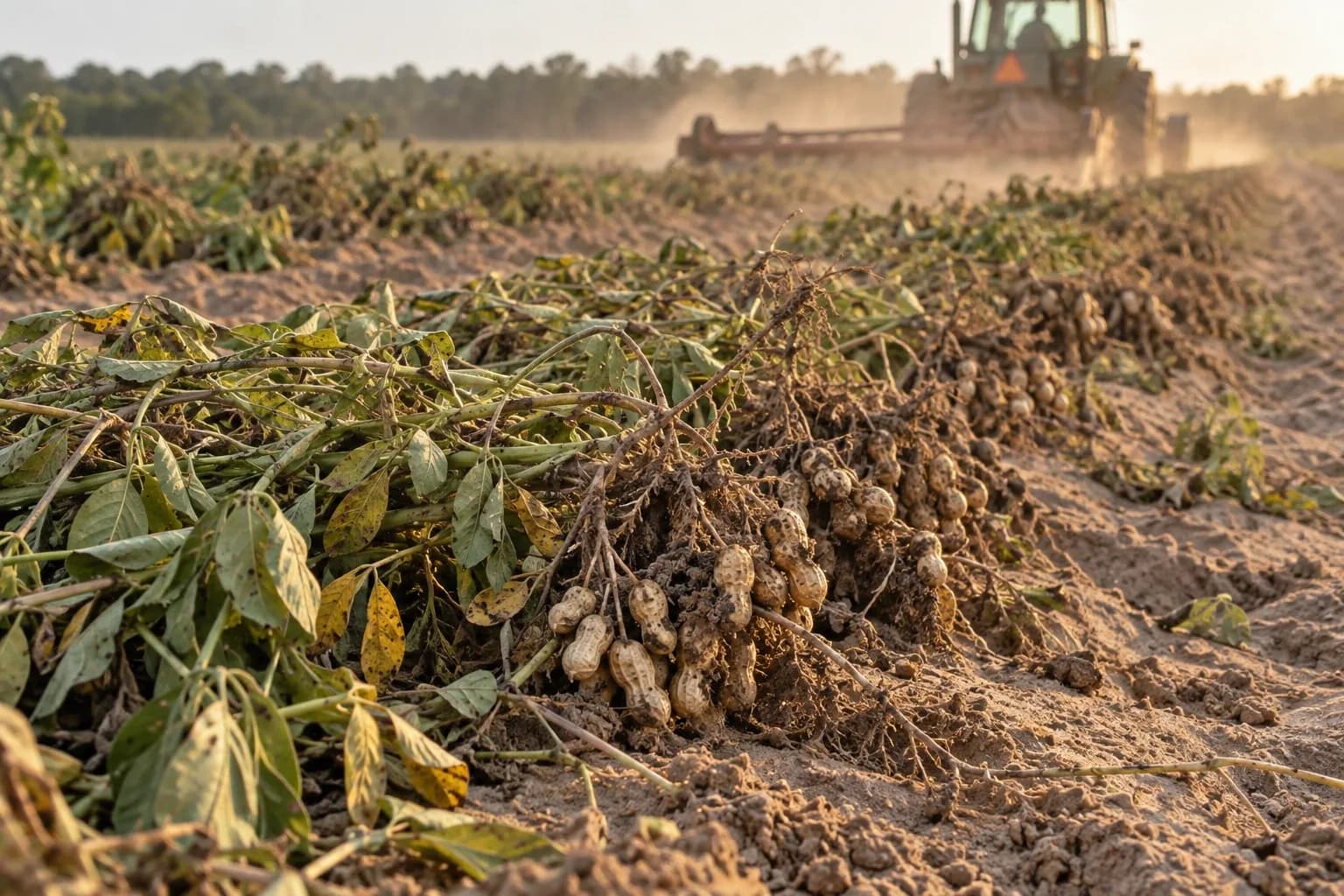 Dug peanut plants inverted in a field with pods exposed