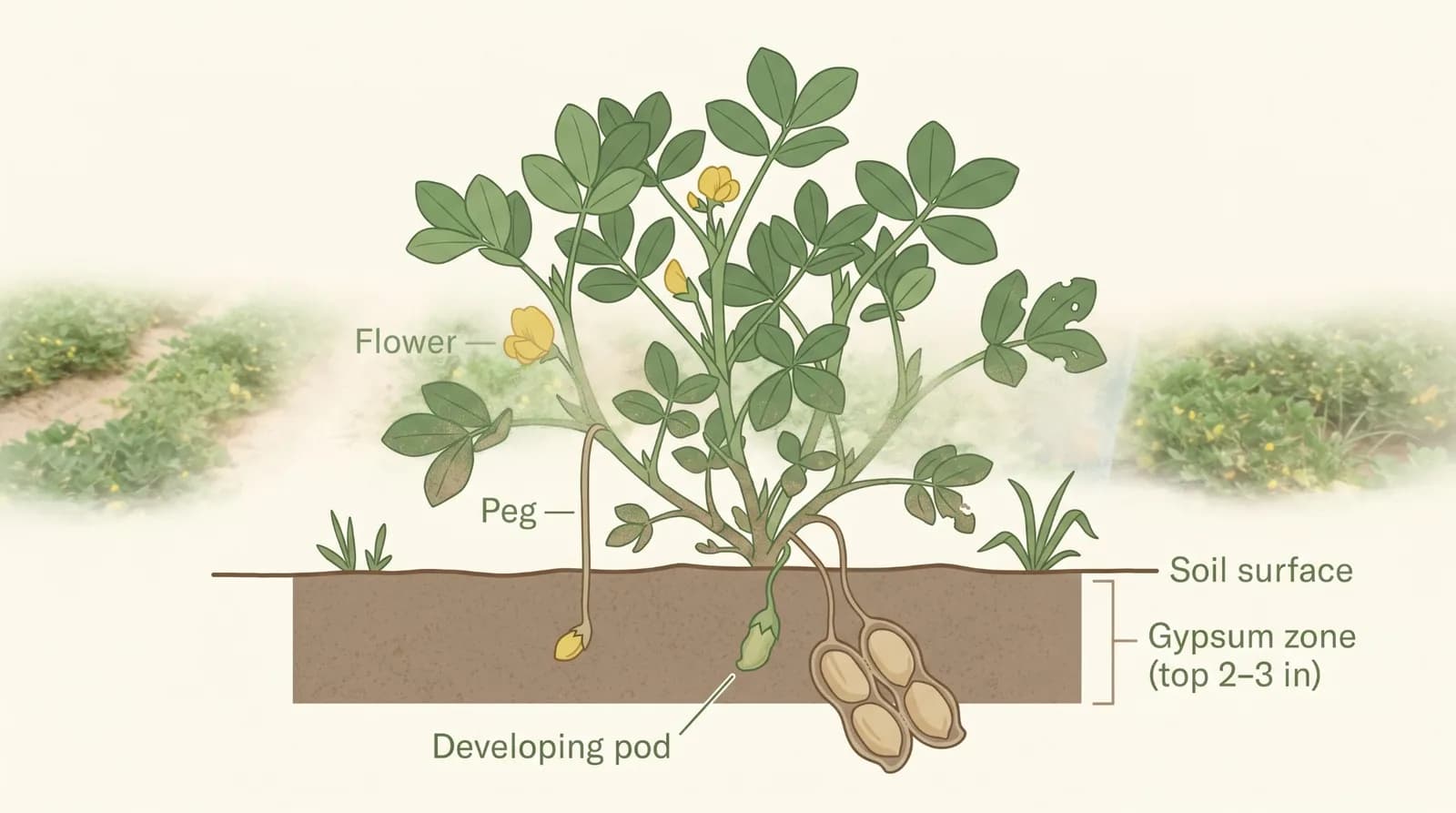 Cross-section diagram of a peanut plant showing a flower, a peg growing into the soil, a developing pod, the soil surface and the gypsum zone in the top 5–7.5 cm (2–3 inches) of soil
