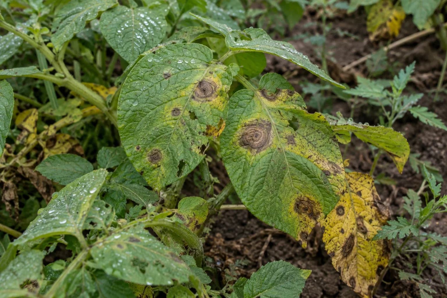 Potato leaves with concentric brown early blight lesions and yellowing, covered in dew