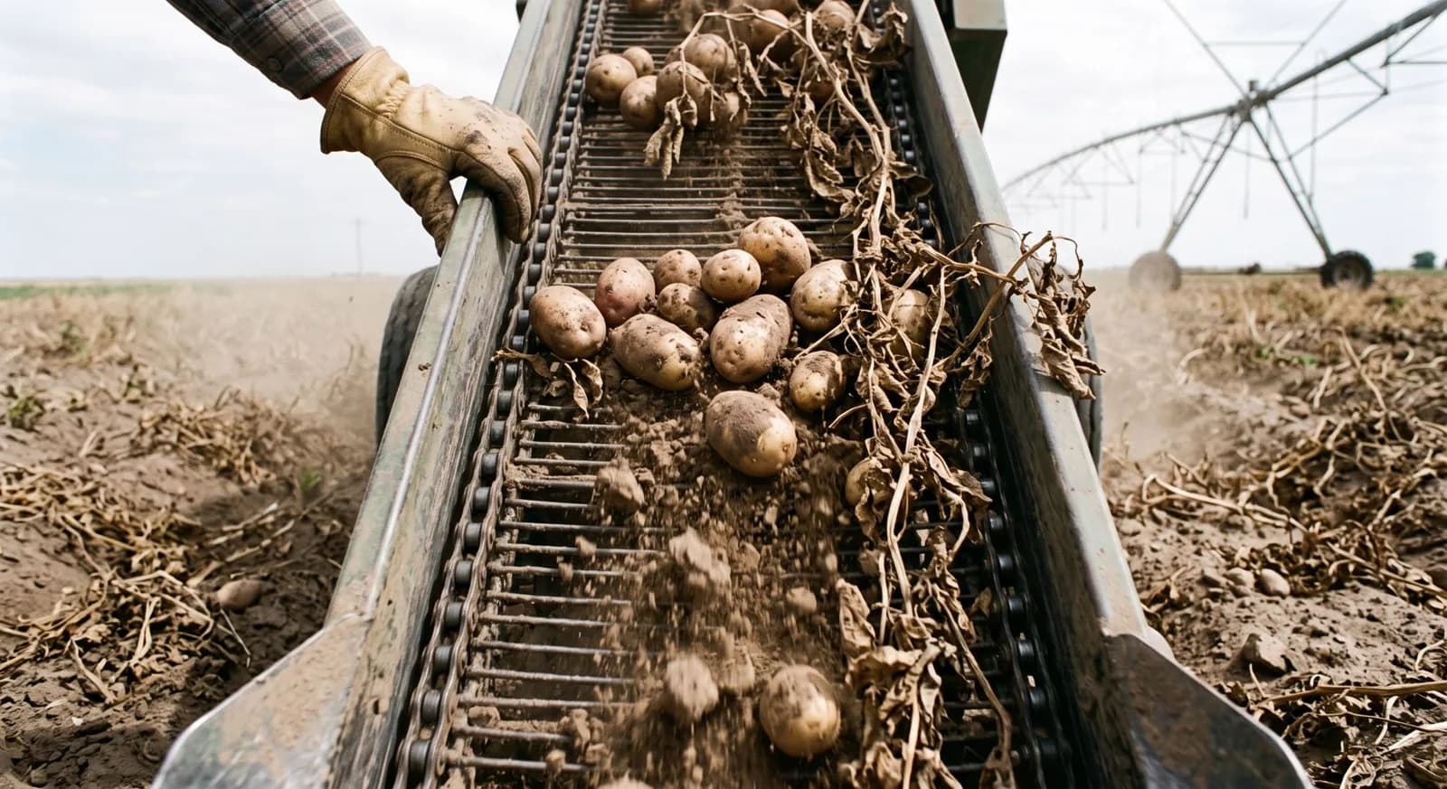Harvested potatoes traveling along a mechanical harvester conveyor