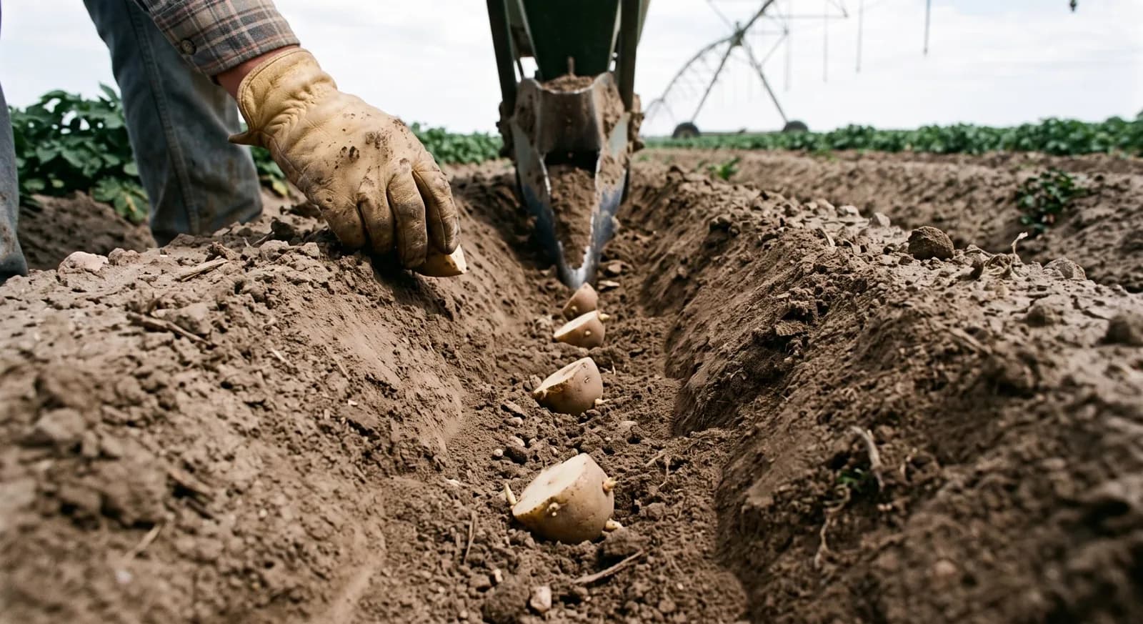 Potato seed pieces laid along a planting furrow