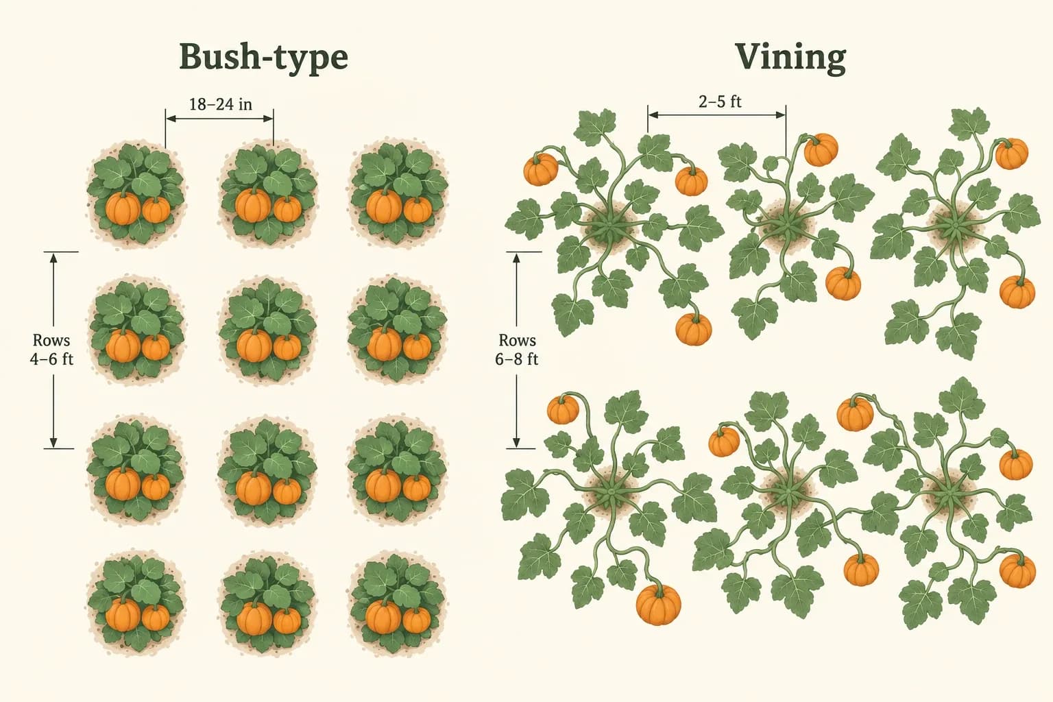 Plan-view diagram comparing bush-type pumpkins, 46–61 cm (18–24 inches) apart in rows 1.2–1.8 m (4–6 feet) apart, with vining pumpkins, 0.6–1.5 m (2–5 feet) apart in rows 1.8–2.4 m (6–8 feet) apart