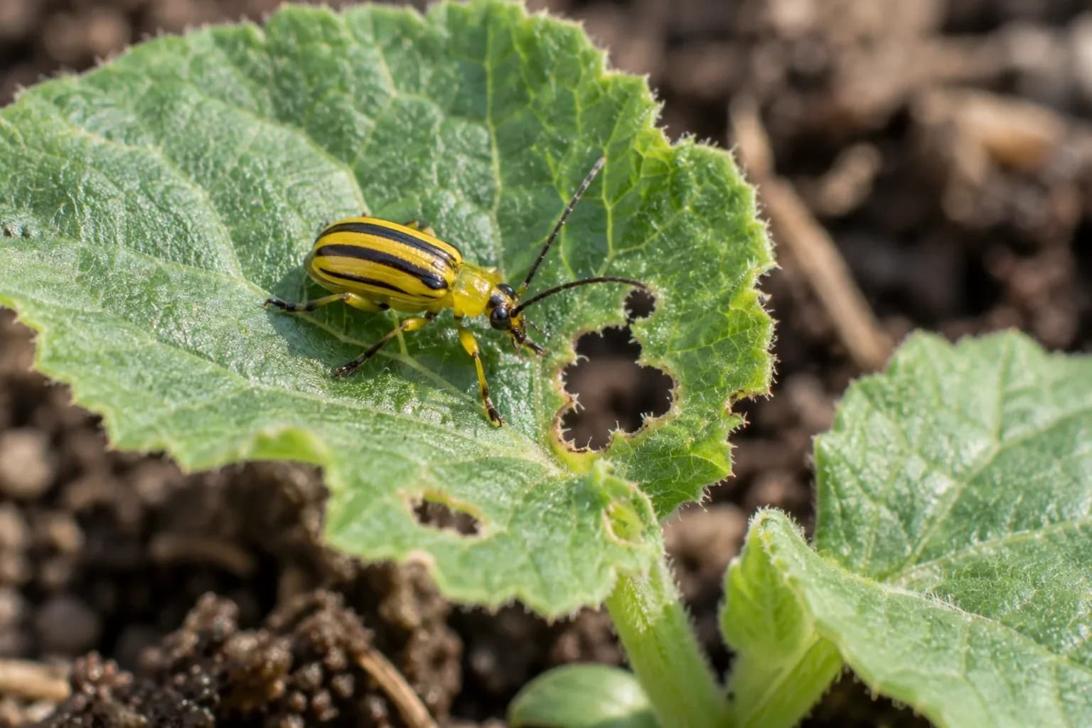 A striped cucumber beetle on a young cucurbit leaf with chewed holes along the leaf edge