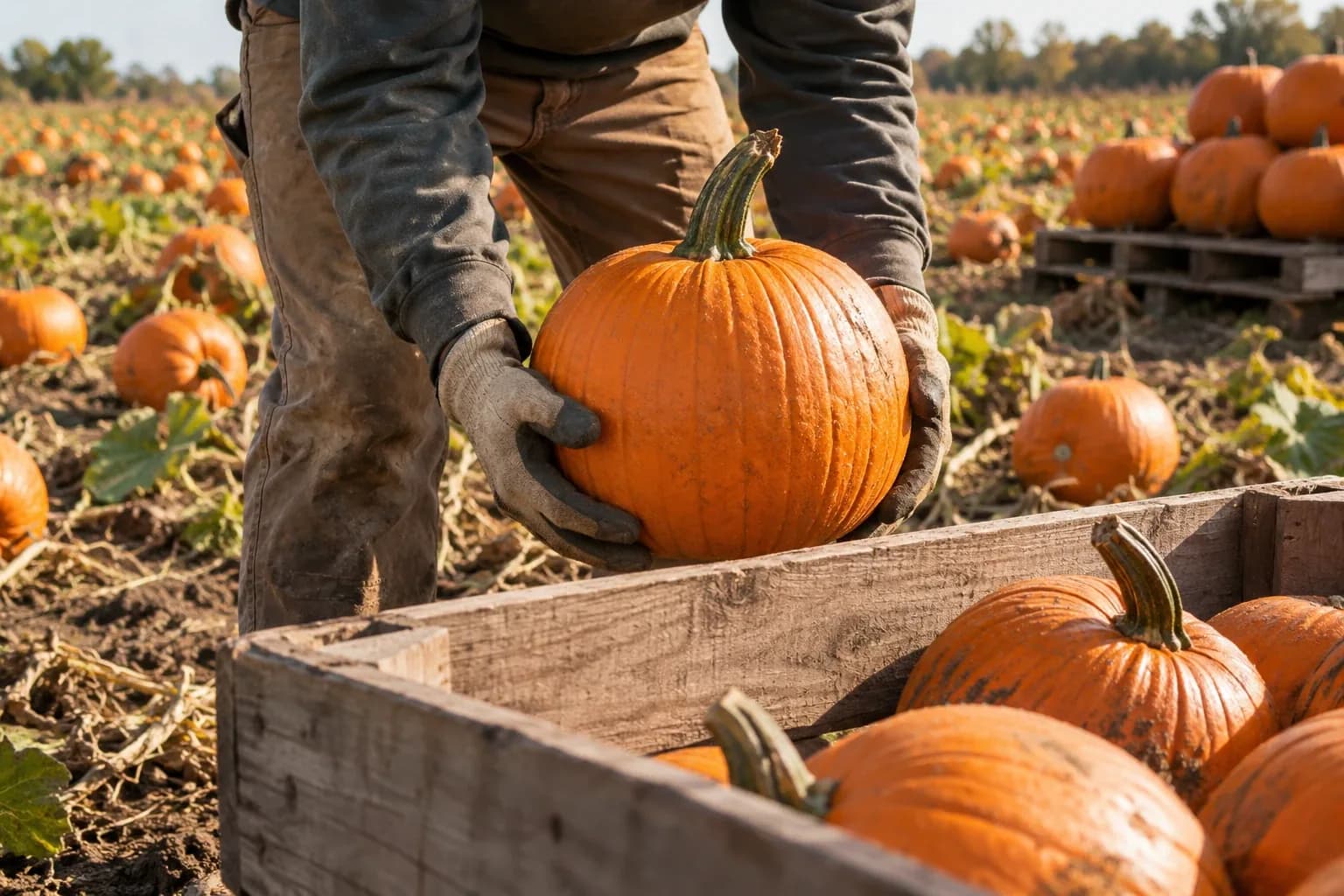 A gloved worker lowering a freshly harvested pumpkin into a wooden crate by supporting it from underneath, with the stem handle intact