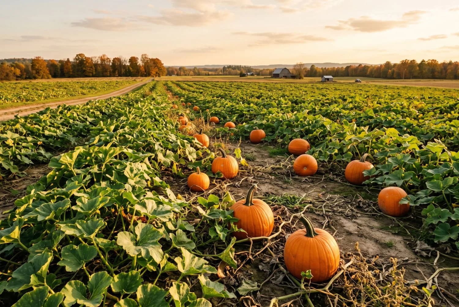 Vining pumpkin plants spread across a field with round orange pumpkins on the ground between the leaves, with a barn and autumn trees behind