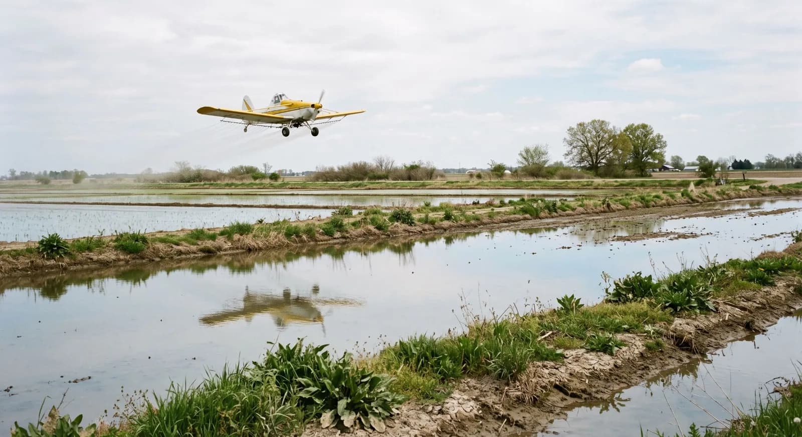 A yellow agricultural aircraft flying low over flooded rice fields divided by grassy levees