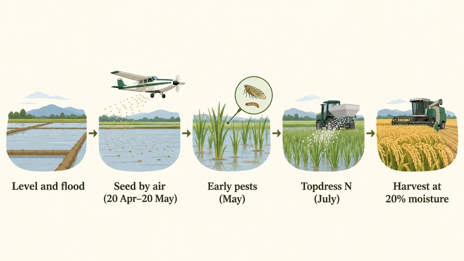 Five-step illustration of the rice season: level and flood, seed by air from 20 April to 20 May, early pests in May, topdress nitrogen in July, harvest at 20 percent moisture