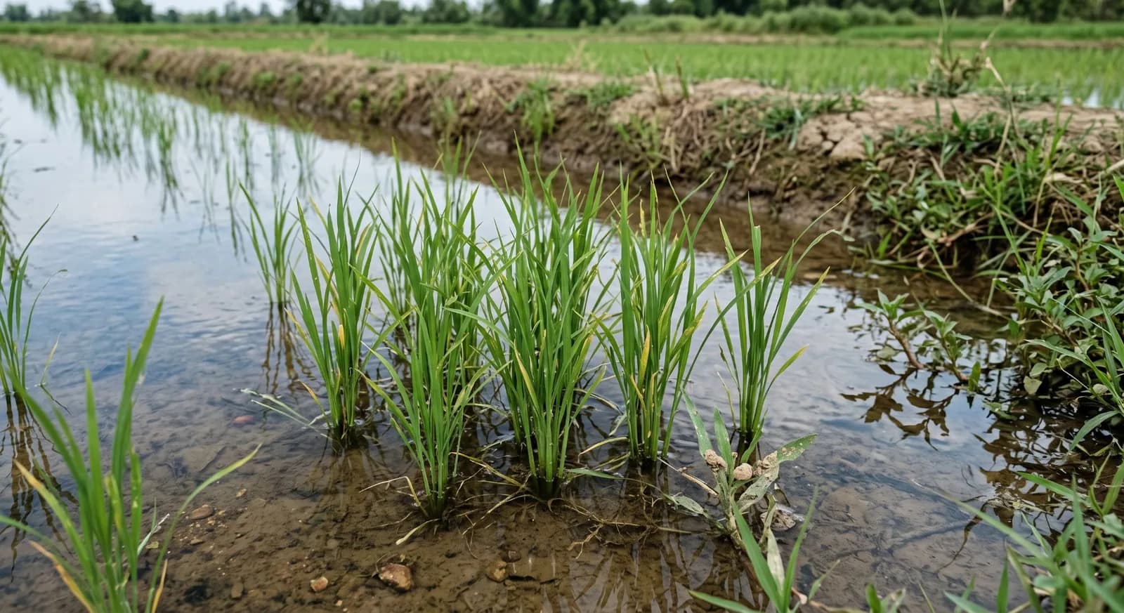 Young rice seedlings emerging through shallow water beside a field levee