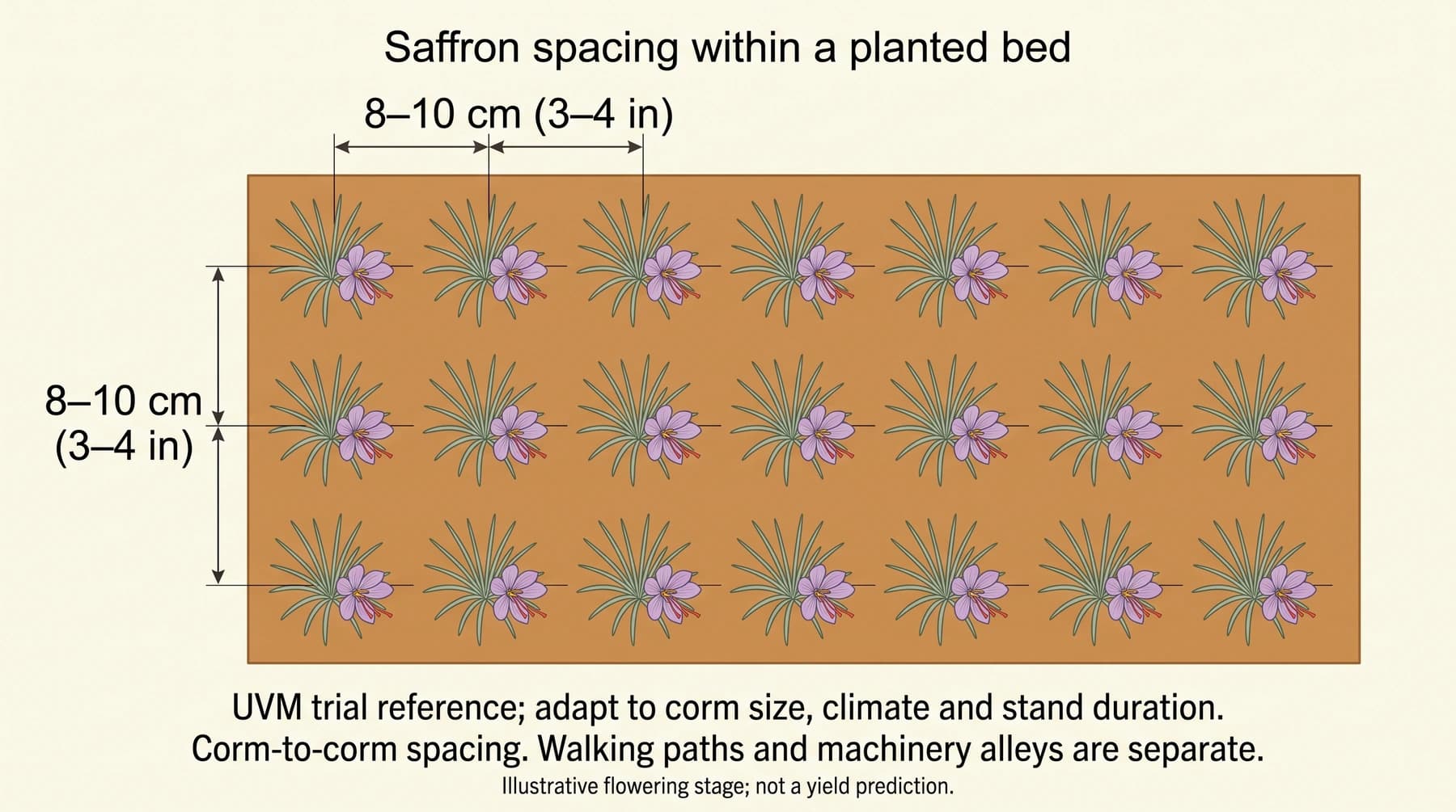 Overhead saffron bed schematic showing 8–10 cm spacing between adjacent planting centers in both directions