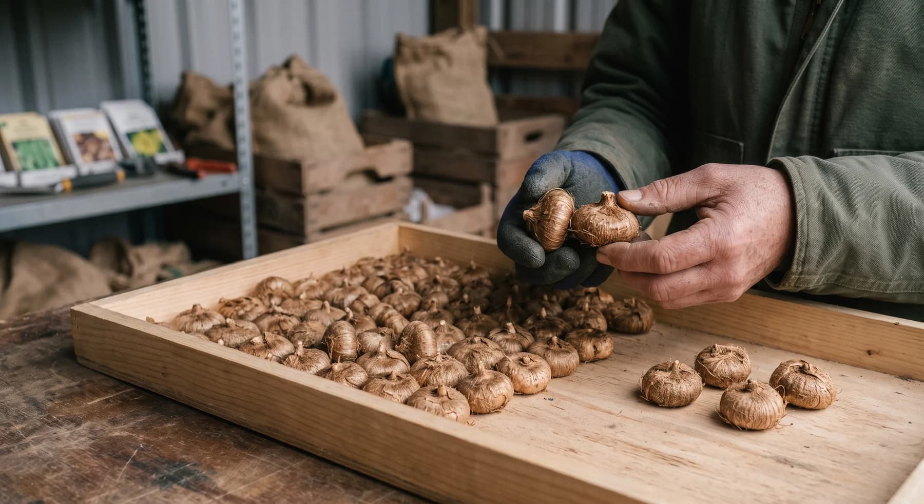 Worker inspecting rounded saffron corms with brown fibrous outer coverings