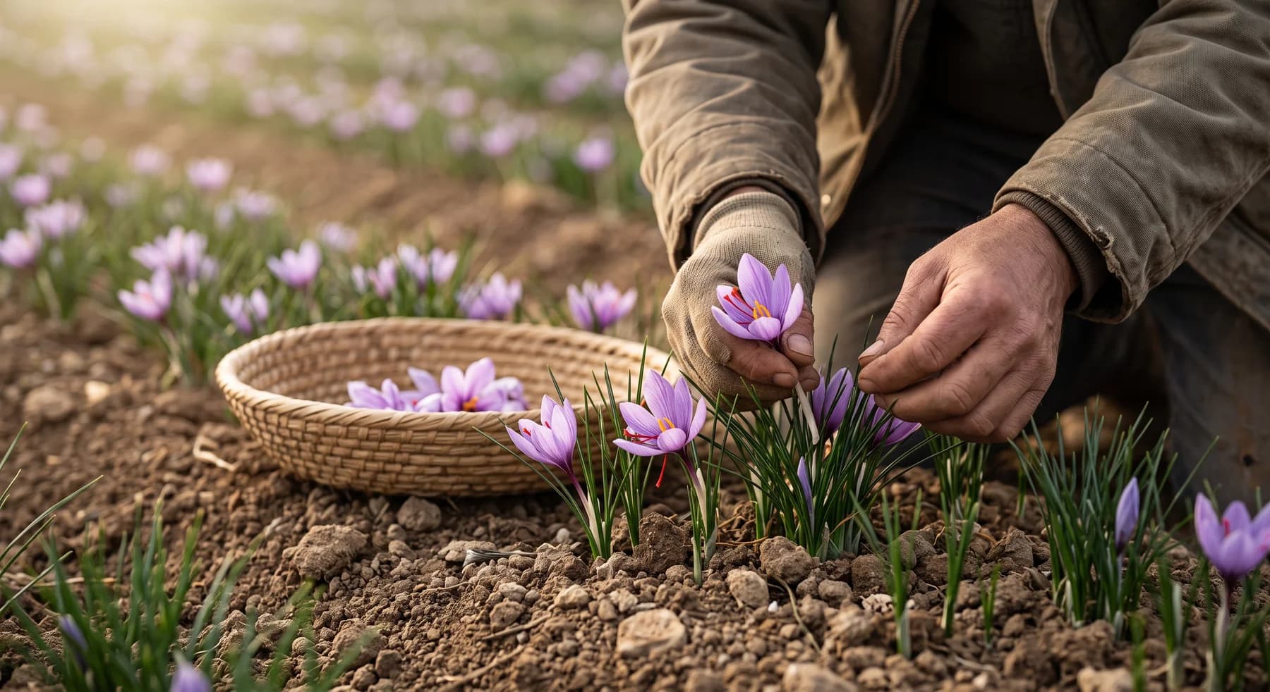 Worker picking individual purple saffron flowers close to the soil while leaving green foliage intact