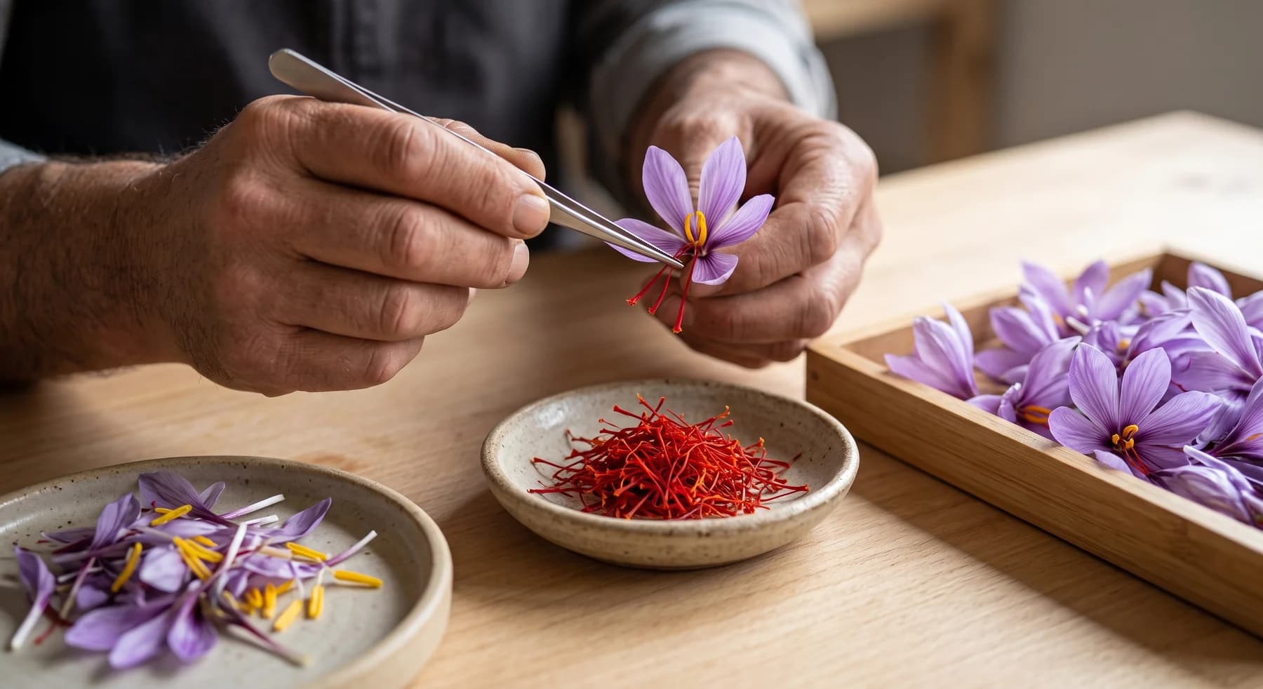 Worker separating red saffron stigmas from purple flowers, with flower parts collected separately