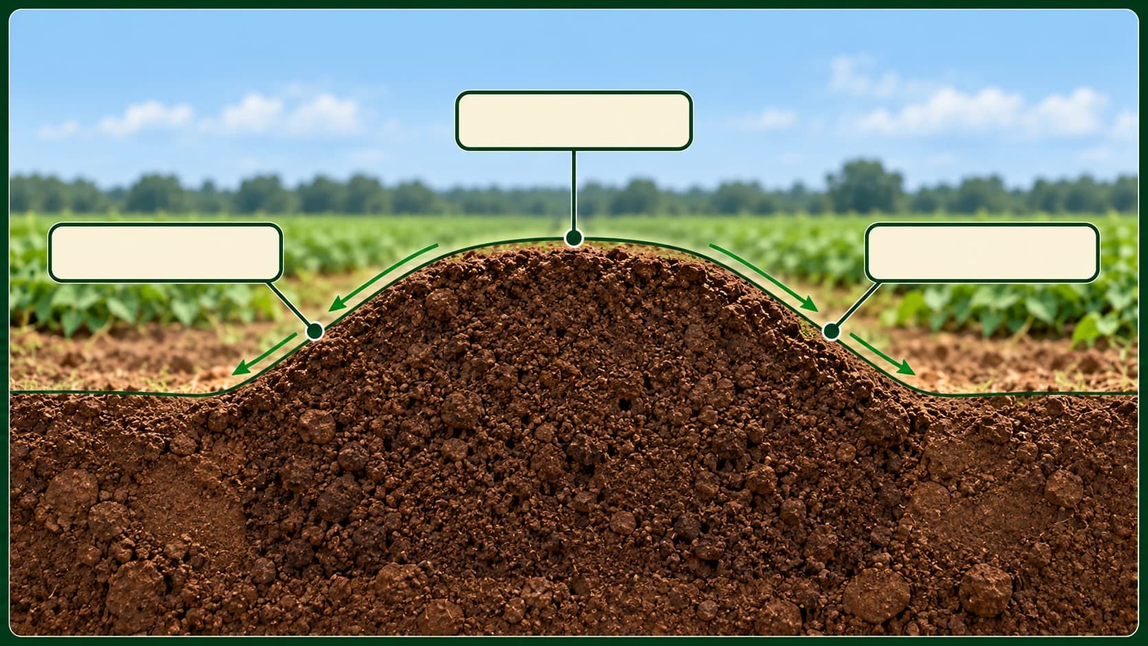 Cross-section of a crowned sweet potato bed with arrows showing surface runoff moving down the shoulders.