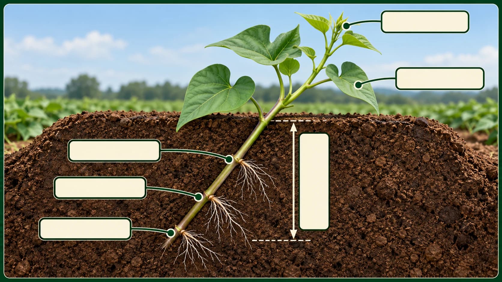 Sweet potato slip set diagonally with its shoot and leaves above the soil, at least three buried nodes, new roots and a 3–4 inch depth mark.