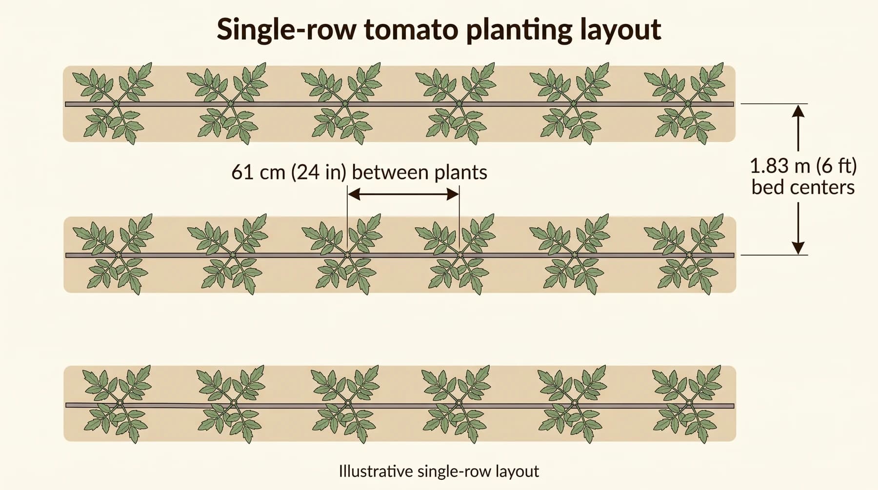 Overhead single-row tomato layout with 61 cm between adjacent plant centers and 1.83 m between adjacent bed centerlines
