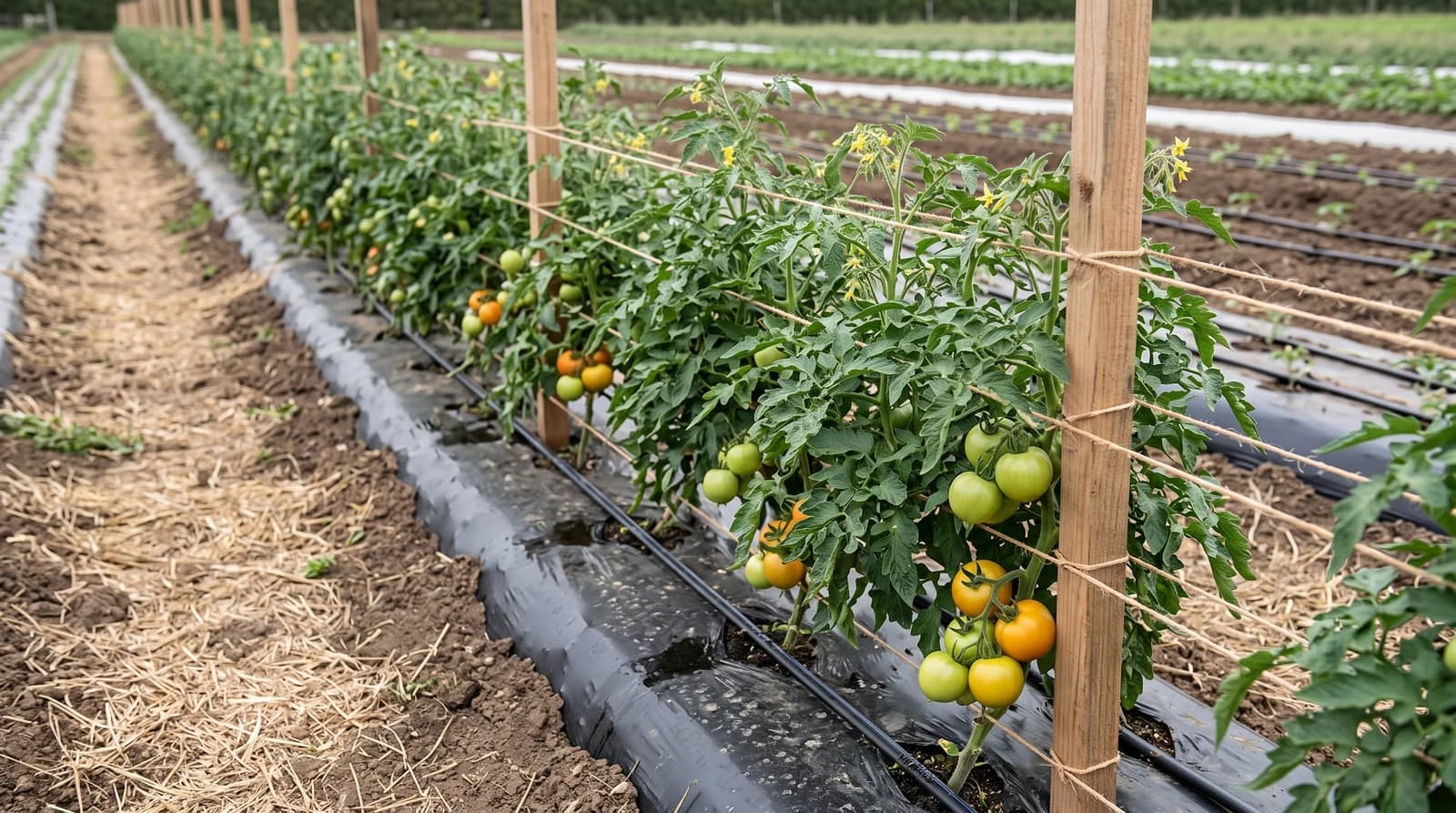 Tomato plants supported by wooden stakes and horizontal twine on a mulched field bed with irrigation tubing