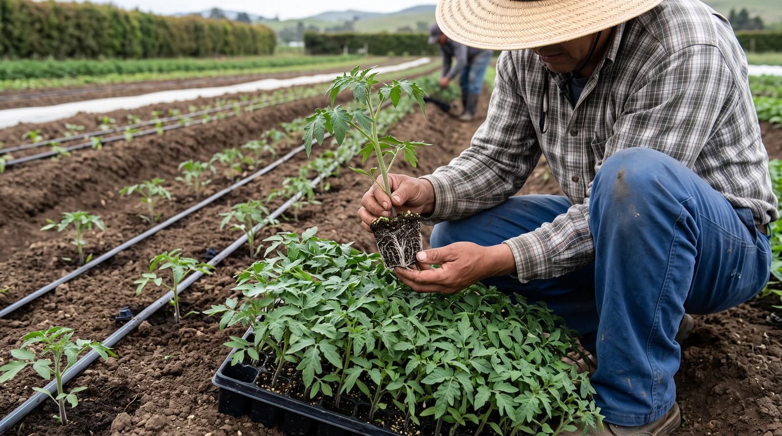 Farm worker inspecting the root plug of a young tomato transplant beside a seedling tray and field rows