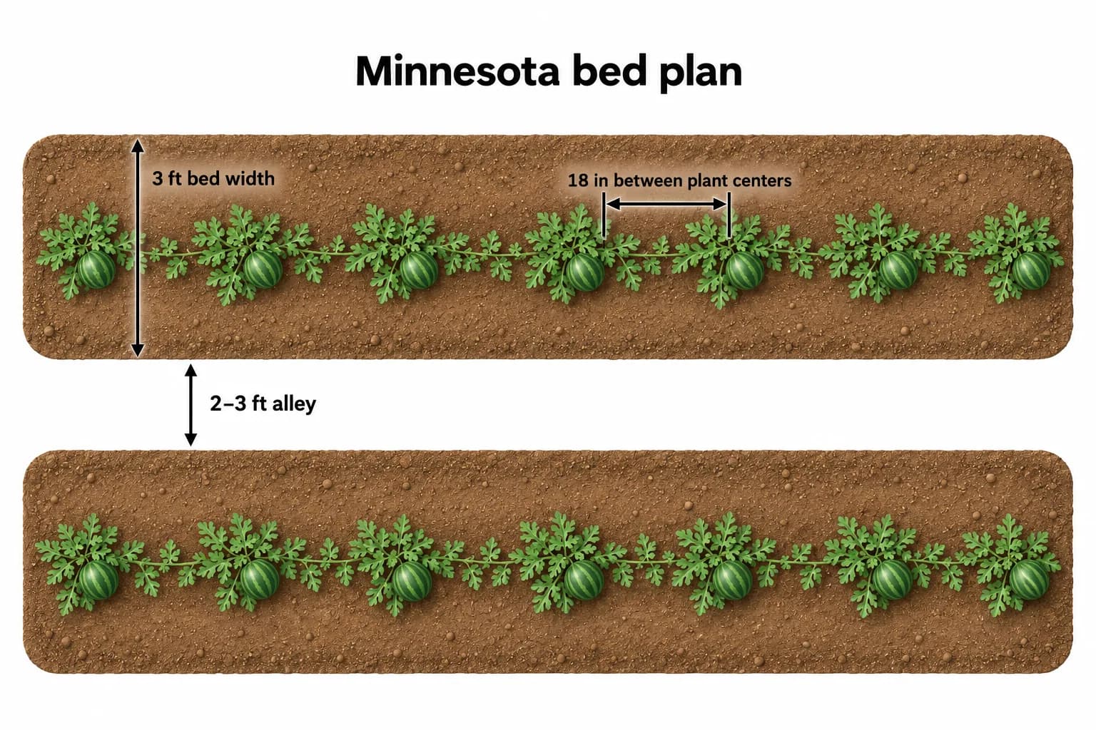 Top-down Minnesota watermelon bed plan with 3-foot beds, 18-inch plant spacing, and 2-to-3-foot alleys