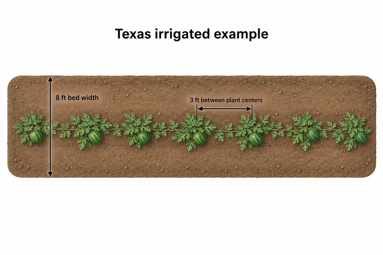 Top-down Texas irrigated watermelon bed with one row and three feet between neighboring plant centers