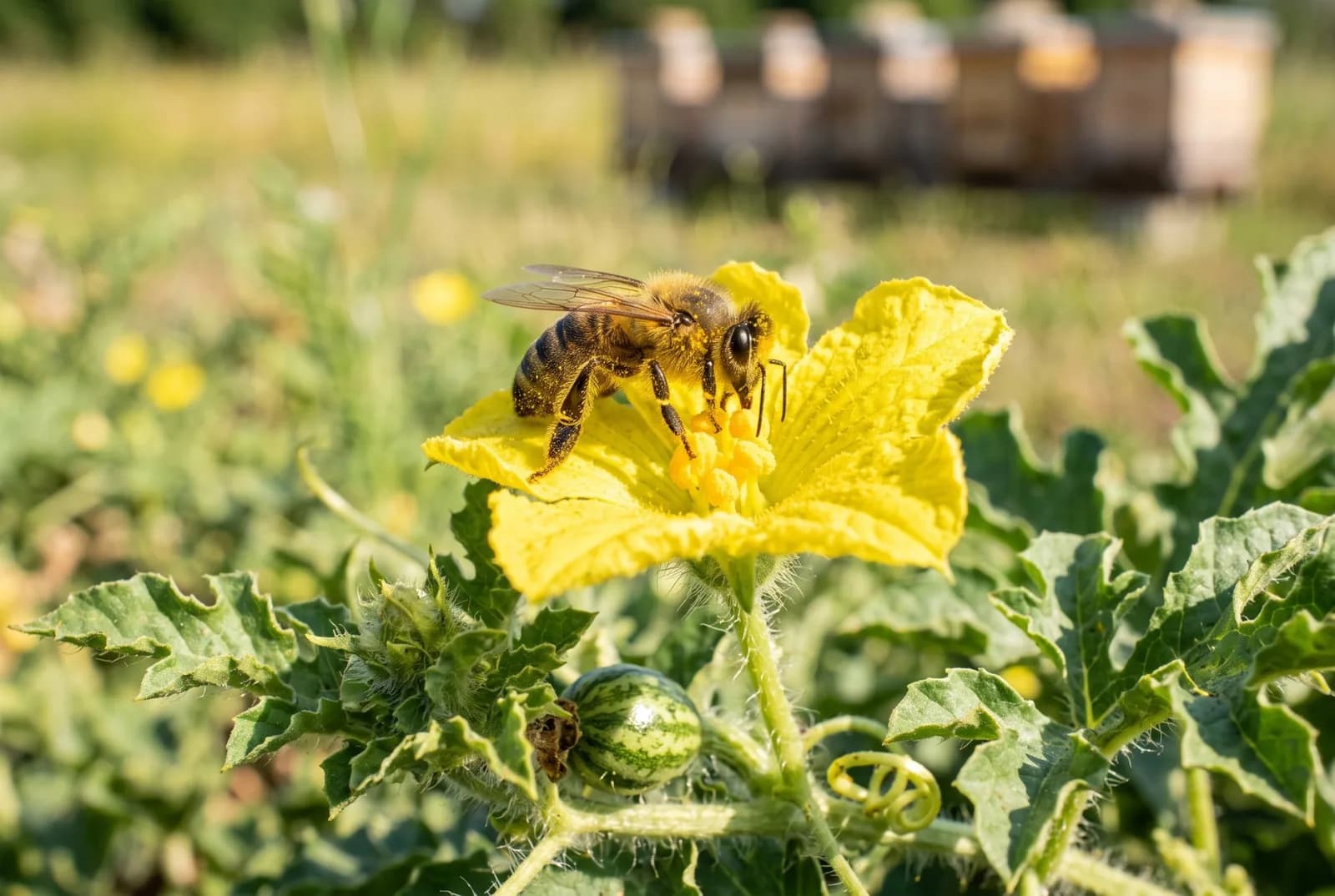 A honeybee covered in pollen on a yellow watermelon flower, with a small fruit below and beehives in the background